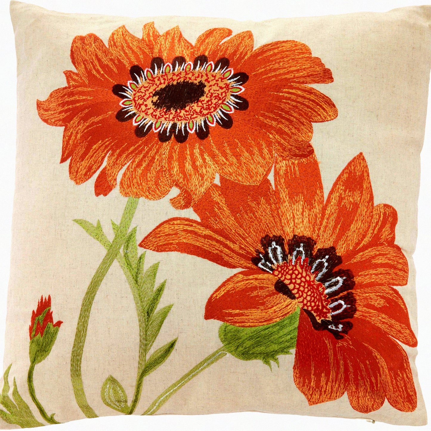 Sunflower Bliss Linen Blend Throw Pillow - Embroidered Design, Filled with Comfort - Vibrant Orange Accent for Home Decor - Le Tournesol Collection