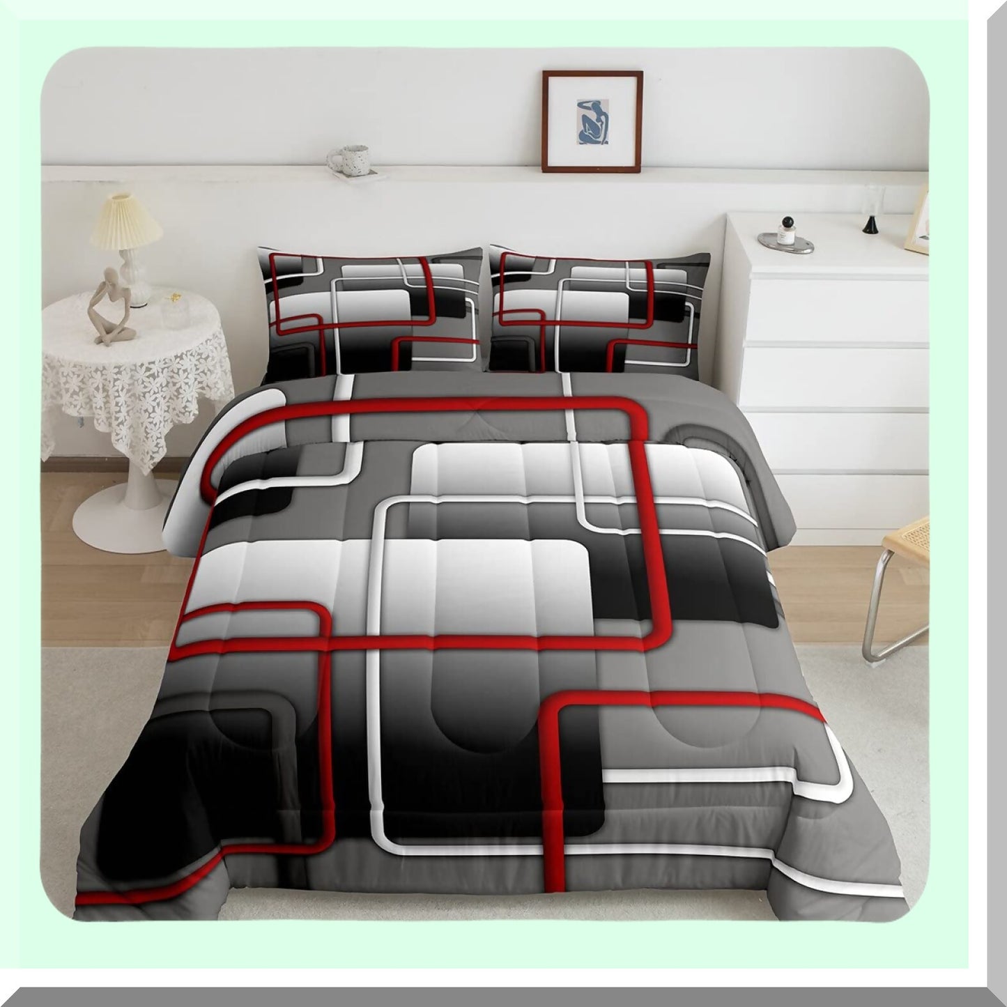 Geometric Lines Comforter Set - Twin Size 3D Abstract Bedding for Adults, Grey Ombre Quilted Duvet with Pillowcase - Modern Home Room Decor