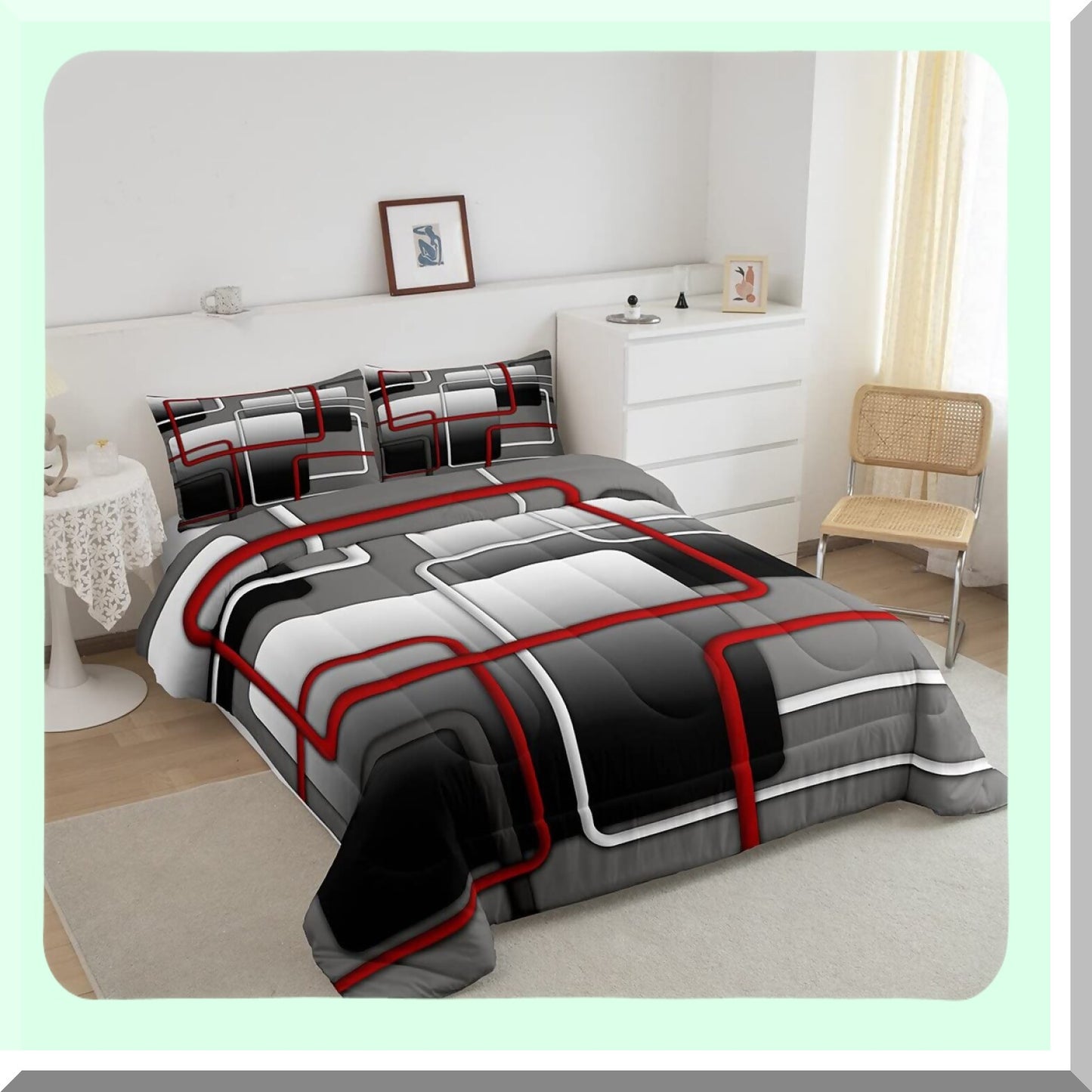 Geometric Lines Comforter Set - Twin Size 3D Abstract Bedding for Adults, Grey Ombre Quilted Duvet with Pillowcase - Modern Home Room Decor