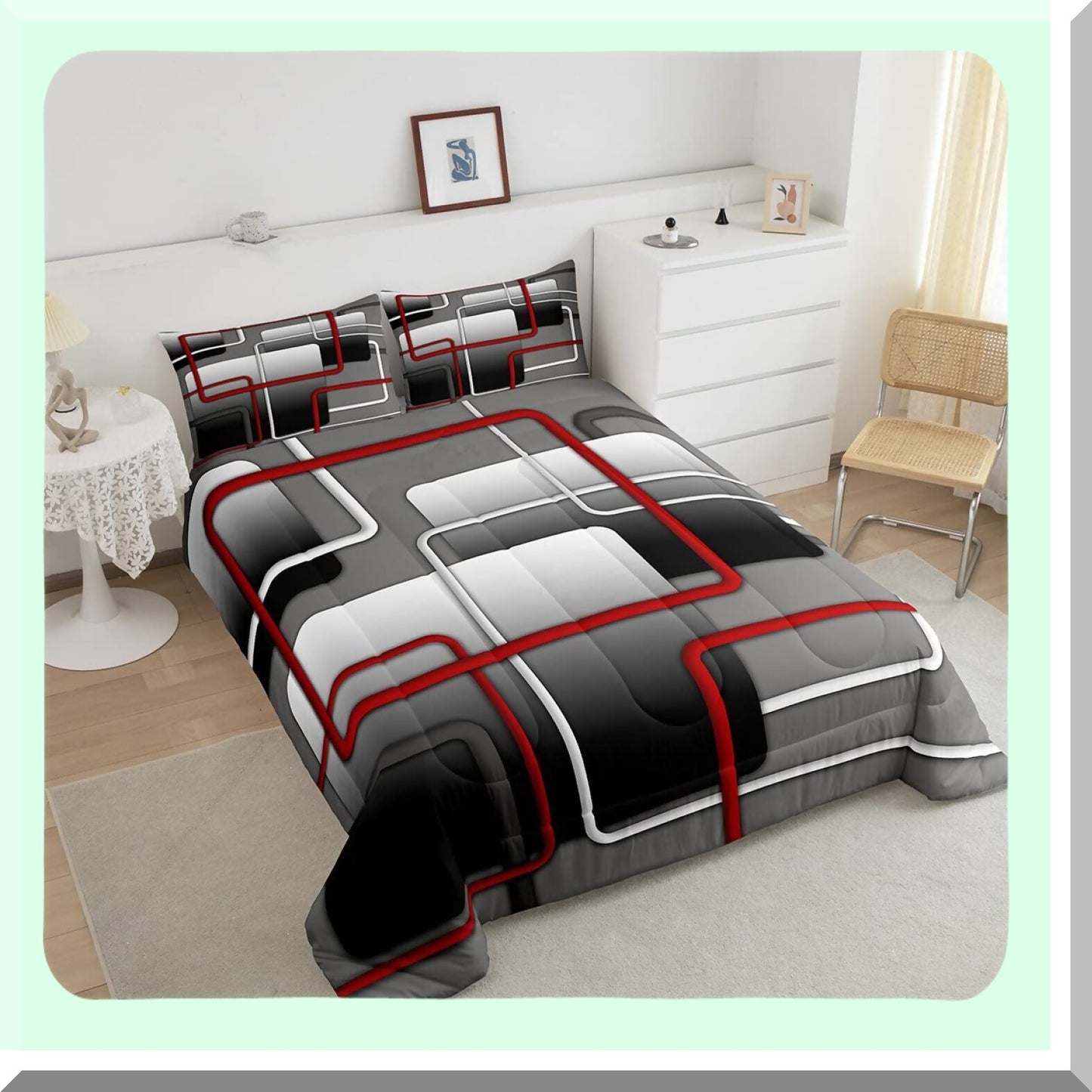Geometric Lines Comforter Set - Twin Size 3D Abstract Bedding for Adults, Grey Ombre Quilted Duvet with Pillowcase - Modern Home Room Decor