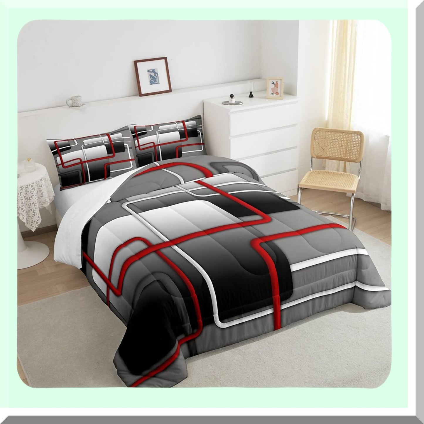 Geometric Lines Comforter Set - Twin Size 3D Abstract Bedding for Adults, Grey Ombre Quilted Duvet with Pillowcase - Modern Home Room Decor