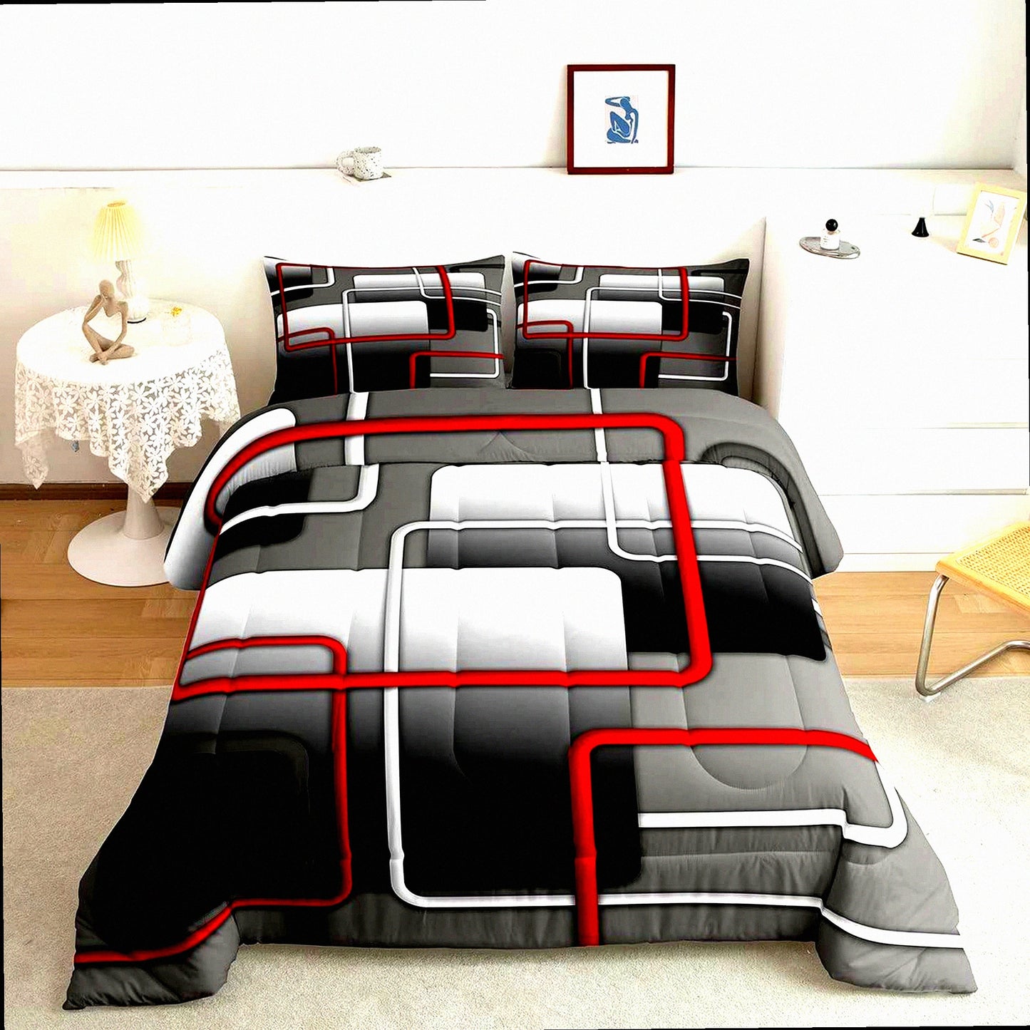 Geometric Lines Comforter Set - Twin Size 3D Abstract Bedding for Adults, Grey Ombre Quilted Duvet with Pillowcase - Modern Home Room Decor