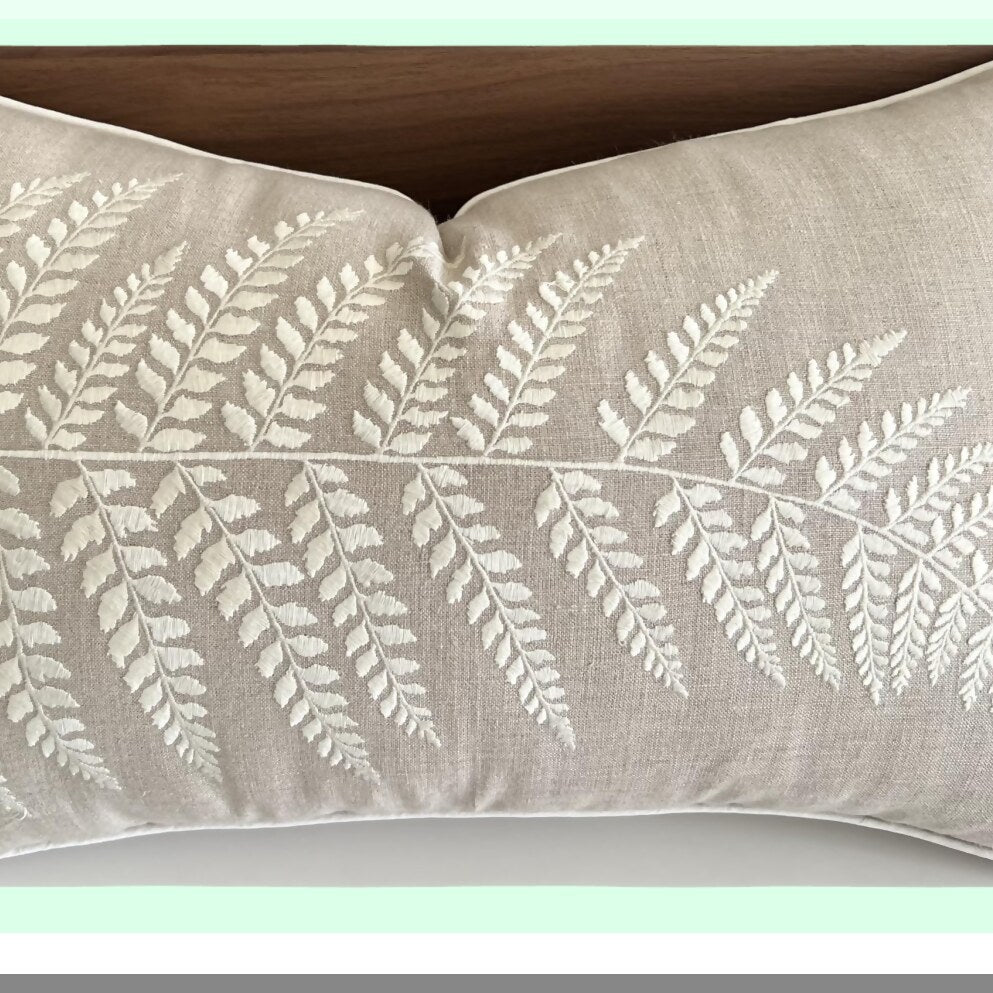 Ferny Linen Embroidered Oblong Pillow Cover - Master Bedroom Decor, New Home Accent, Farmhouse Sofa Throw - 12x18 Inches - Anniversary Gift