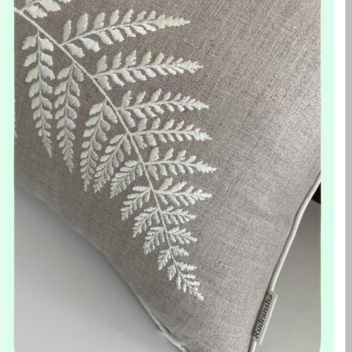 Ferny Linen Embroidered Oblong Pillow Cover - Master Bedroom Decor, New Home Accent, Farmhouse Sofa Throw - 12x18 Inches - Anniversary Gift