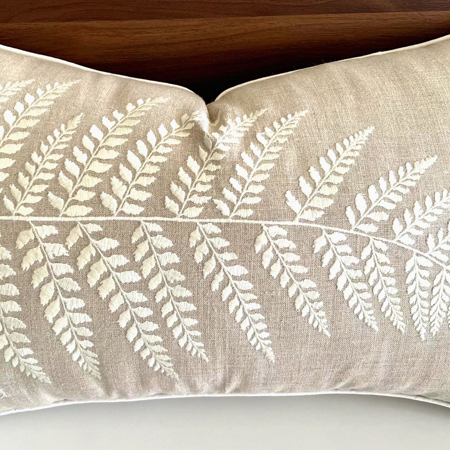 Ferny Linen Embroidered Oblong Pillow Cover - Master Bedroom Decor, New Home Accent, Farmhouse Sofa Throw - 12x18 Inches - Anniversary Gift