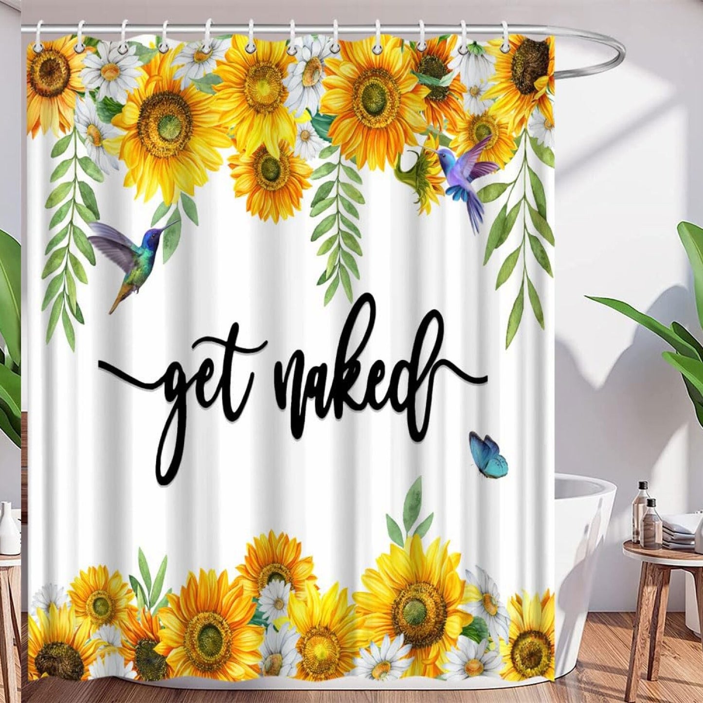 Sunflower Shower Curtain 70x70 Inch Yellow Floral Green Leaves