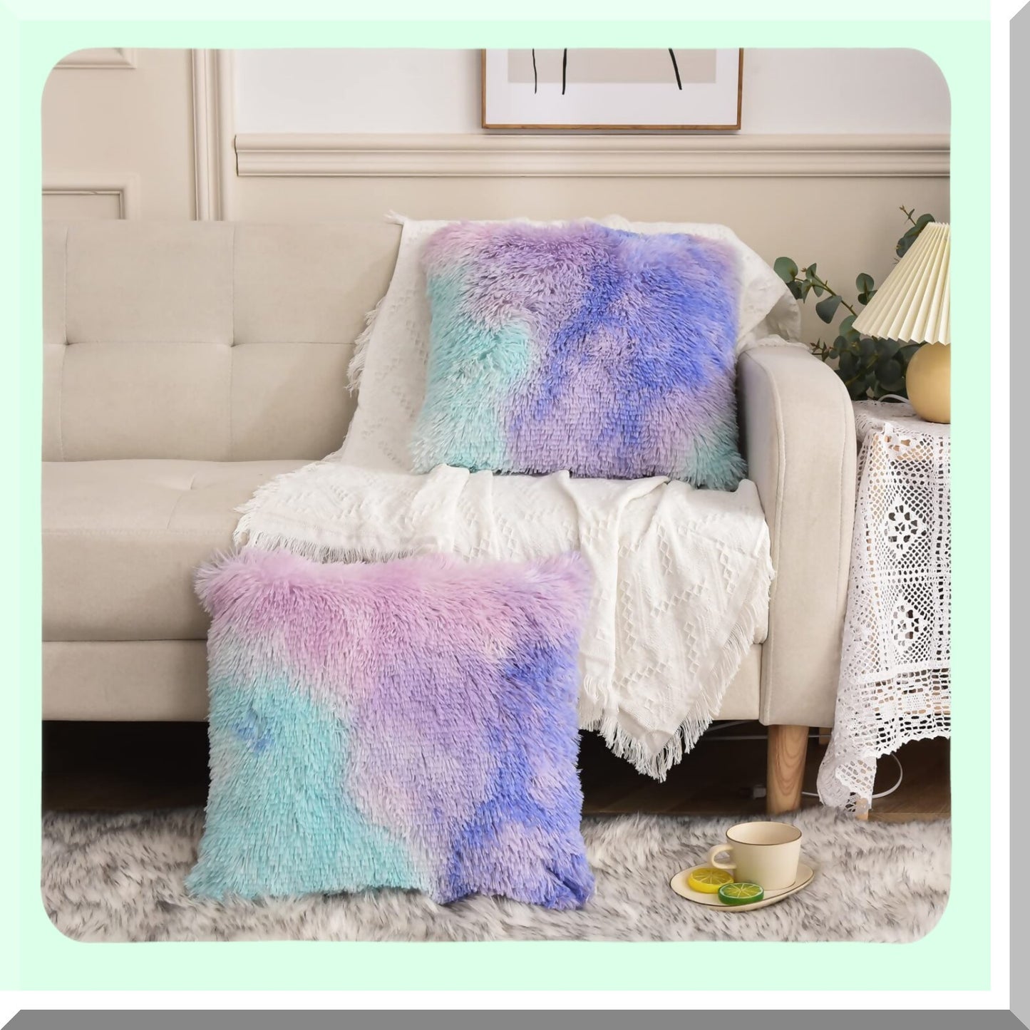Luxury Velvet Ombre Shaggy Pillow Shams - Plush Tie Dye Cushion Cover Set for Sofa/Bed - Super Soft Home Decor Throw Pillow Case - Purple 2Pcs 17.7"x17.7"
