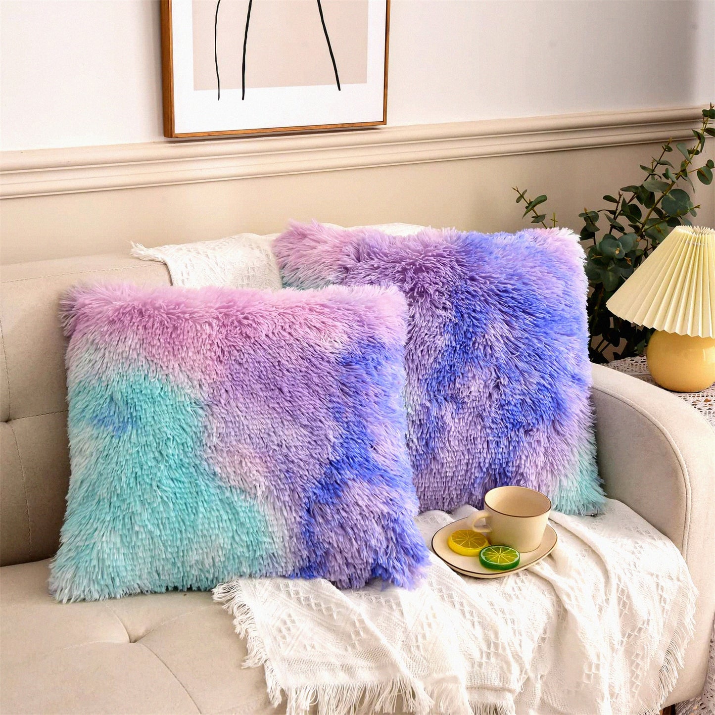 Luxury Velvet Ombre Shaggy Pillow Shams - Plush Tie Dye Cushion Cover Set for Sofa/Bed - Super Soft Home Decor Throw Pillow Case - Purple 2Pcs 17.7"x17.7"