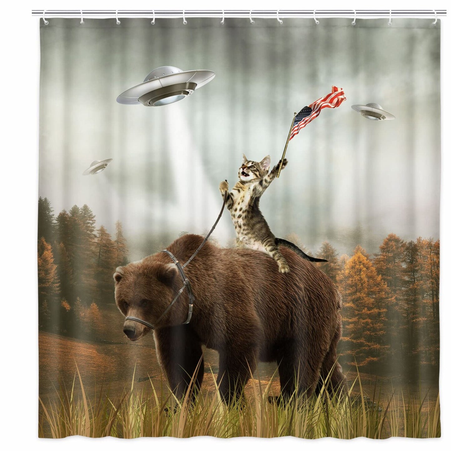 Funny Cat Riding Bear Shower Curtain 69x84 inches