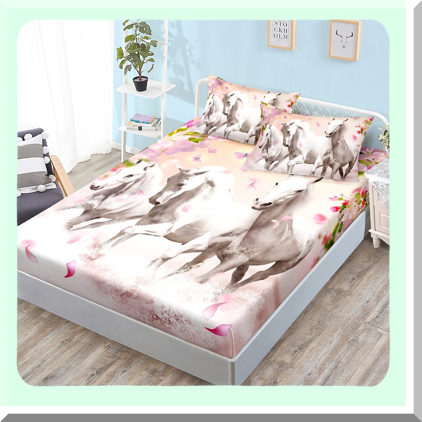 Spring Petals Horse Fitted Sheet Set - Full Size Pink Floral Bedding with Running Horses Pattern - Soft Decorative Fabric - All-Round Elastic Pocket