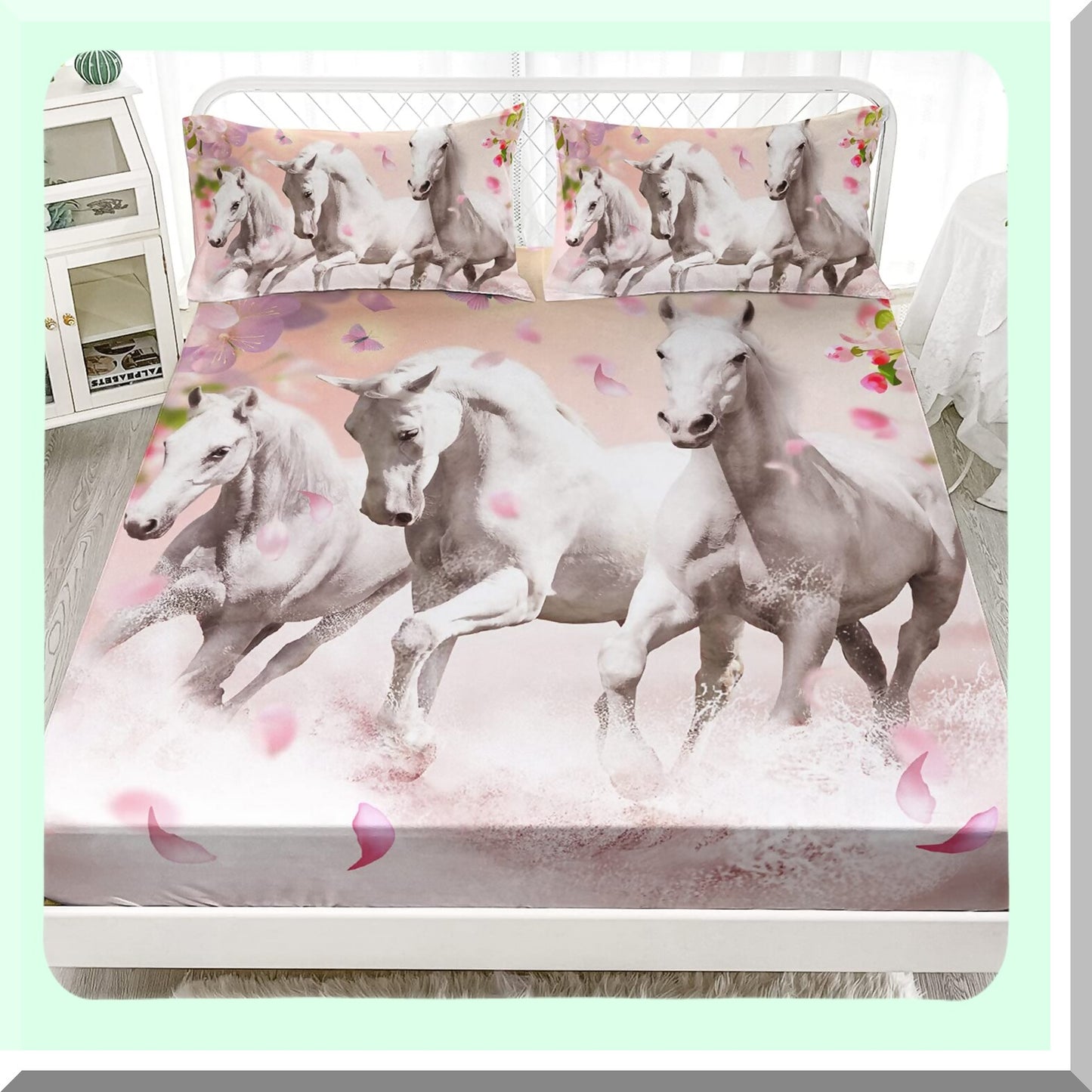 Spring Petals Horse Fitted Sheet Set - Full Size Pink Floral Bedding with Running Horses Pattern - Soft Decorative Fabric - All-Round Elastic Pocket