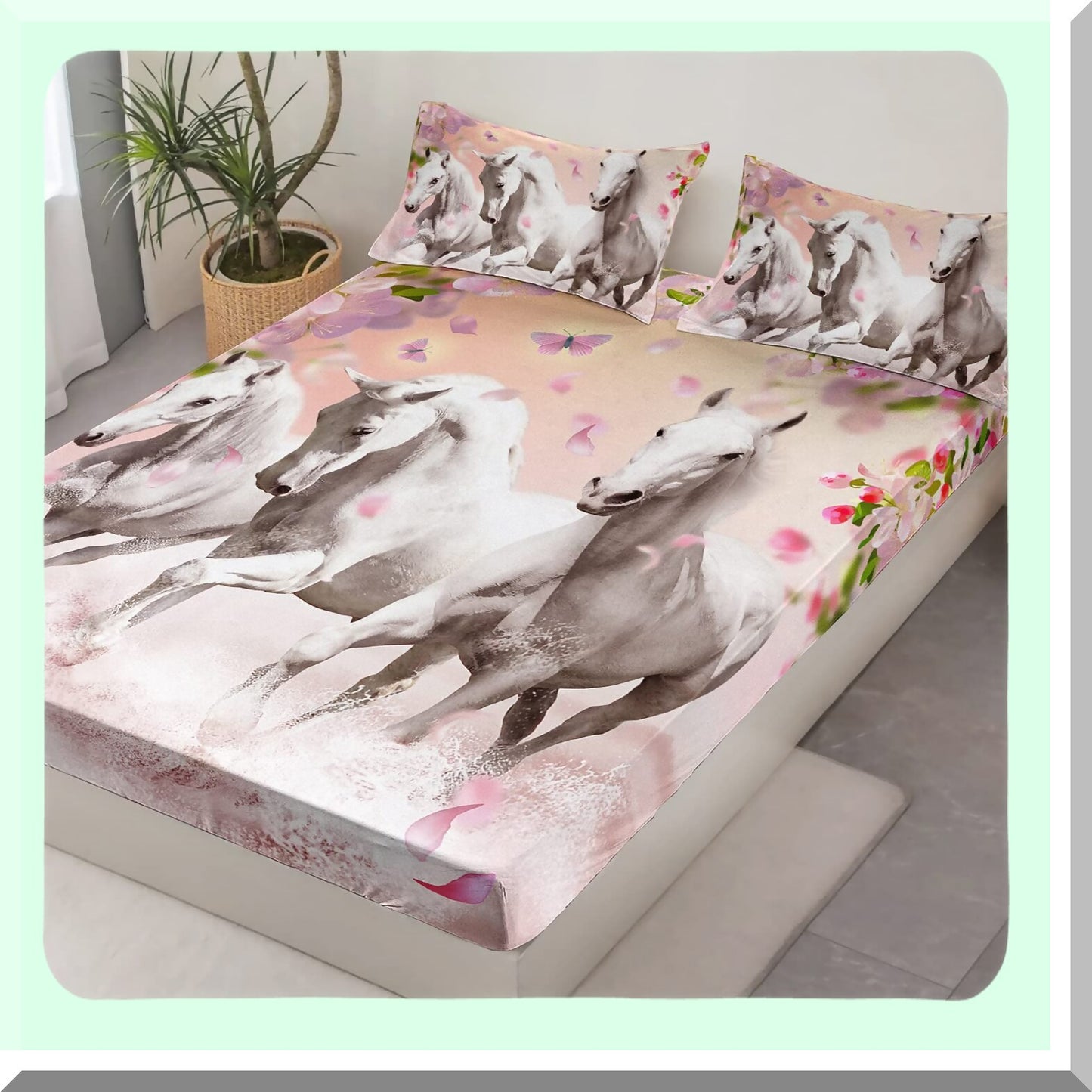 Spring Petals Horse Fitted Sheet Set - Full Size Pink Floral Bedding with Running Horses Pattern - Soft Decorative Fabric - All-Round Elastic Pocket