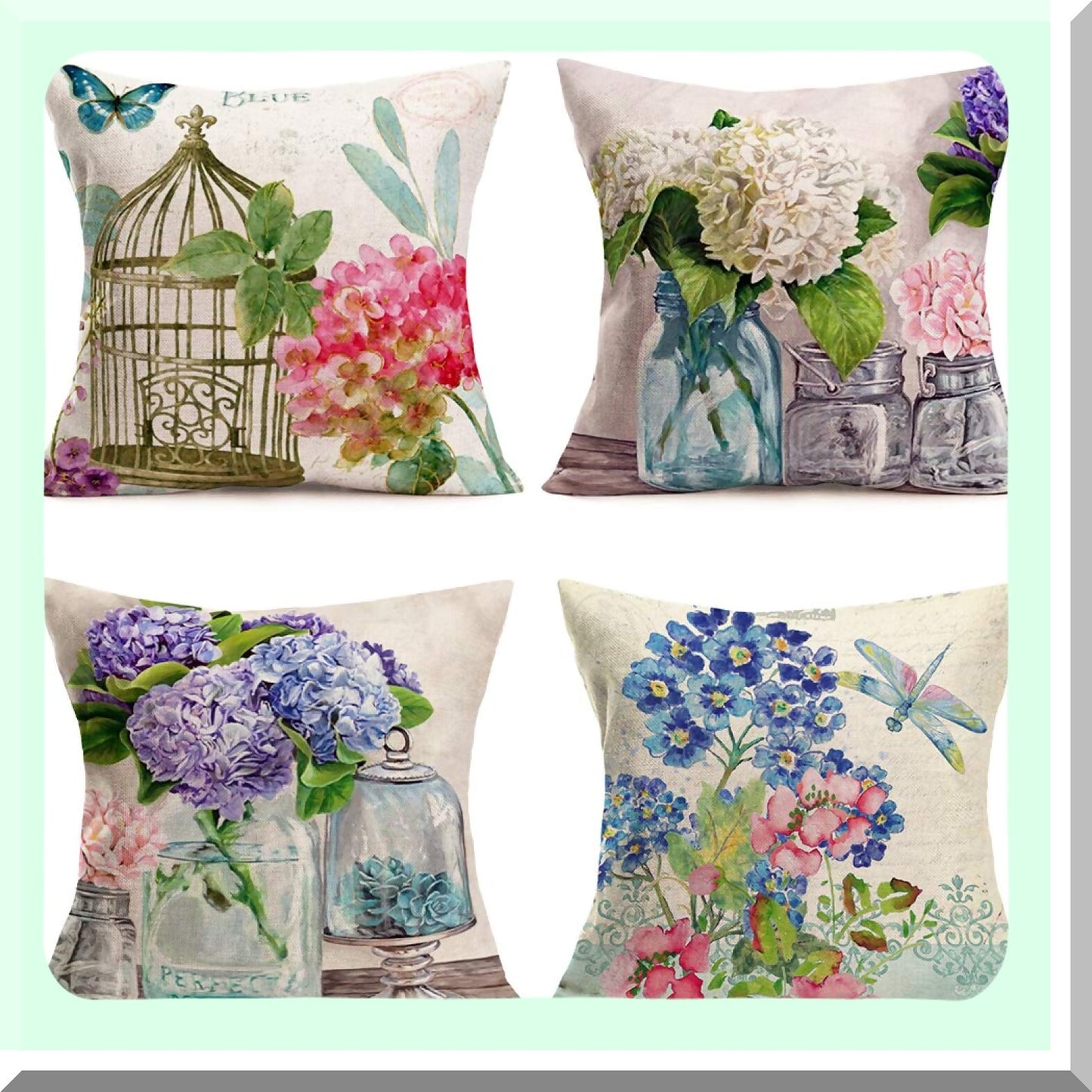 Floral Bliss Rustic Outdoor Pillow Covers - Hydrangea Flowers, Bird Nest, Dragonflies & Butterflies - Cotton Linen Sofa Cushion Cover Set of 4 - 18"x18"