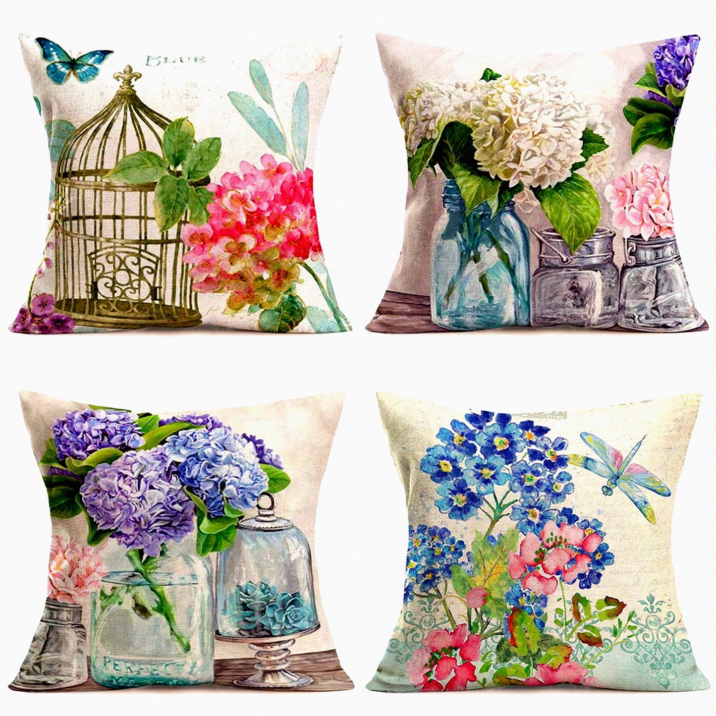 Floral Bliss Rustic Outdoor Pillow Covers - Hydrangea Flowers, Bird Nest, Dragonflies & Butterflies - Cotton Linen Sofa Cushion Cover Set of 4 - 18"x18"