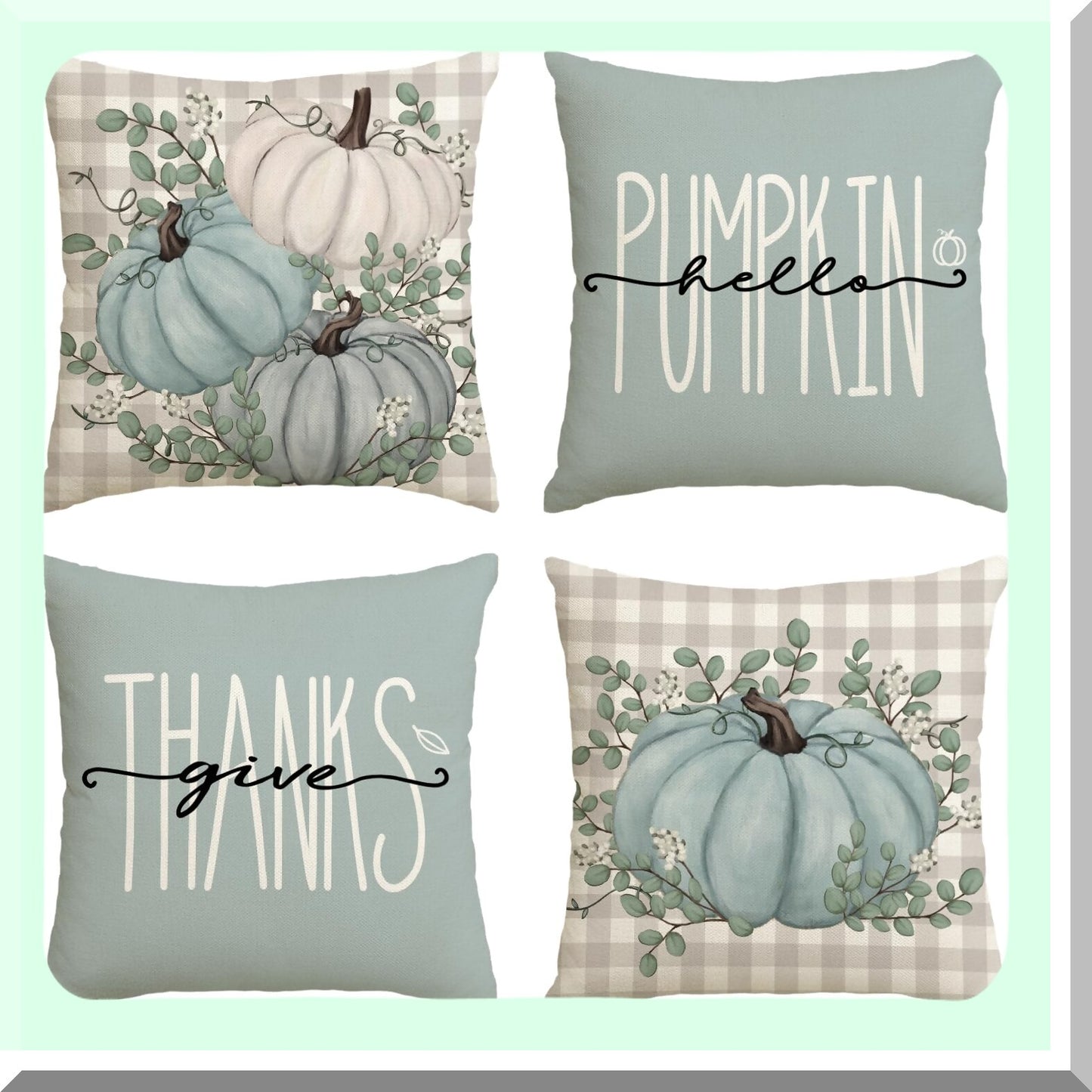 Autumn Harvest Eucalyptus Throw Pillow Covers - Set of 4, Fall Thanksgiving Decorative Cushion Cases 18x18 - Give Thanks Home Decoration