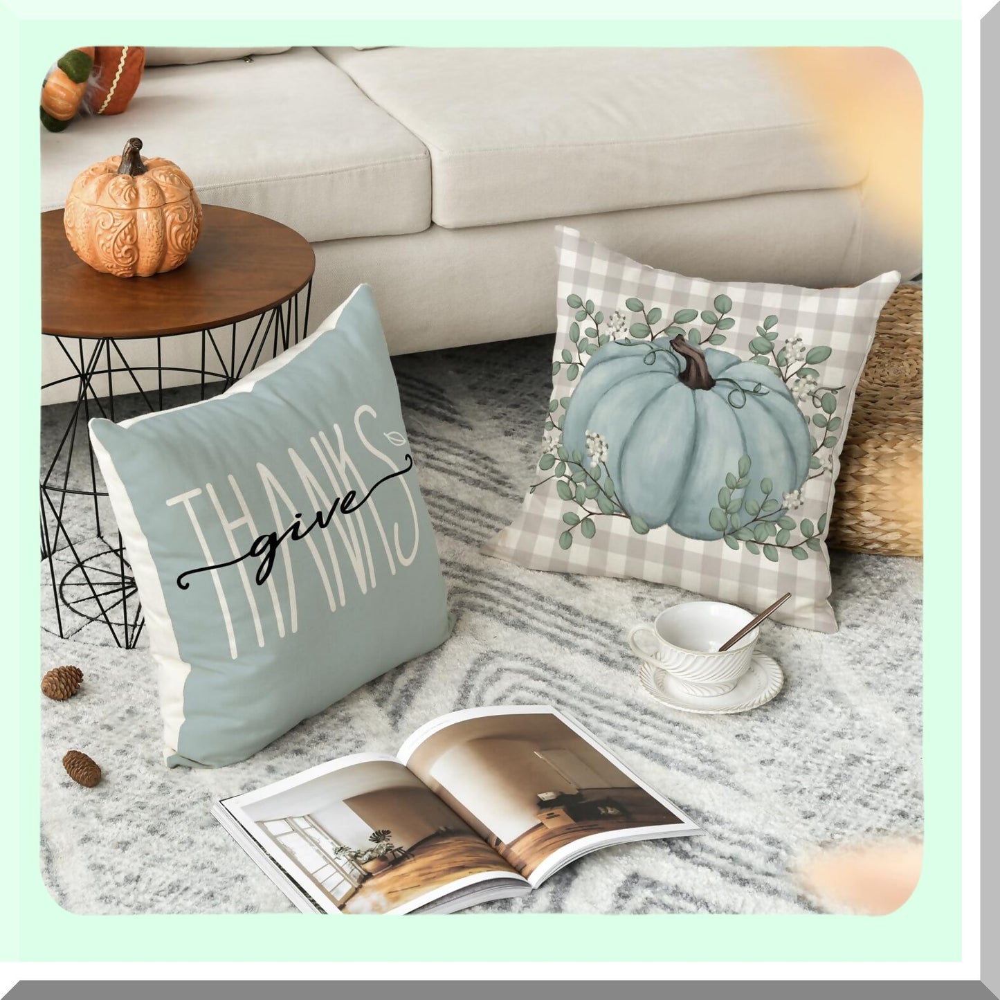 Autumn Harvest Eucalyptus Throw Pillow Covers - Set of 4, Fall Thanksgiving Decorative Cushion Cases 18x18 - Give Thanks Home Decoration