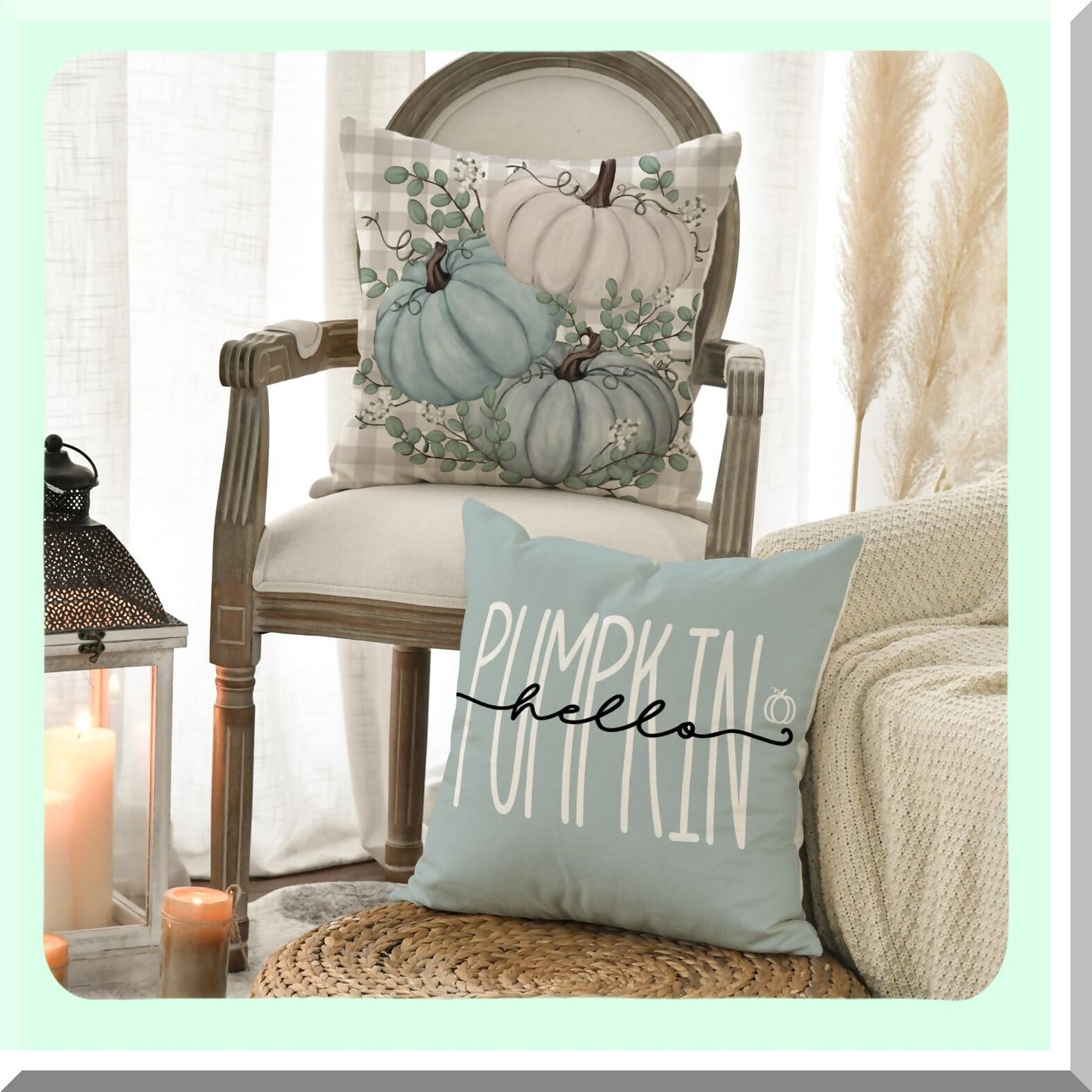 Autumn Harvest Eucalyptus Throw Pillow Covers - Set of 4, Fall Thanksgiving Decorative Cushion Cases 18x18 - Give Thanks Home Decoration