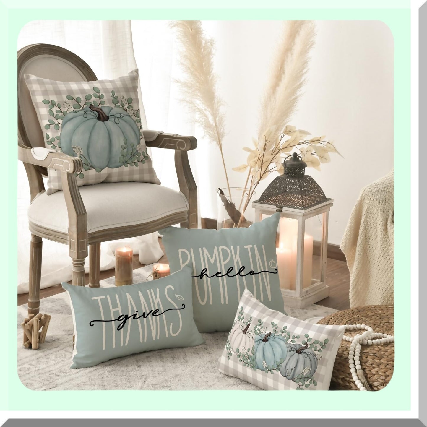 Autumn Harvest Eucalyptus Throw Pillow Covers - Set of 4, Fall Thanksgiving Decorative Cushion Cases 18x18 - Give Thanks Home Decoration