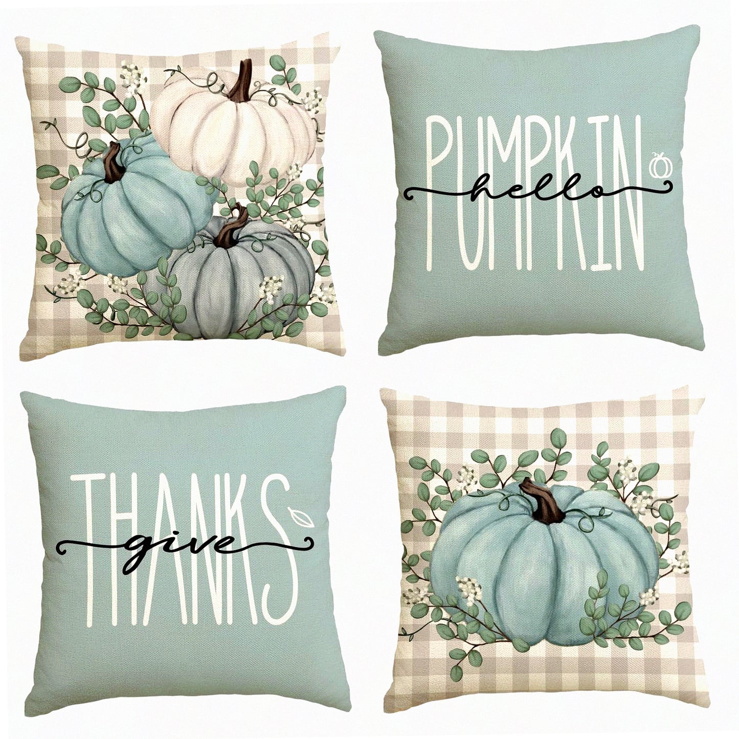 Autumn Harvest Eucalyptus Throw Pillow Covers - Set of 4, Fall Thanksgiving Decorative Cushion Cases 18x18 - Give Thanks Home Decoration