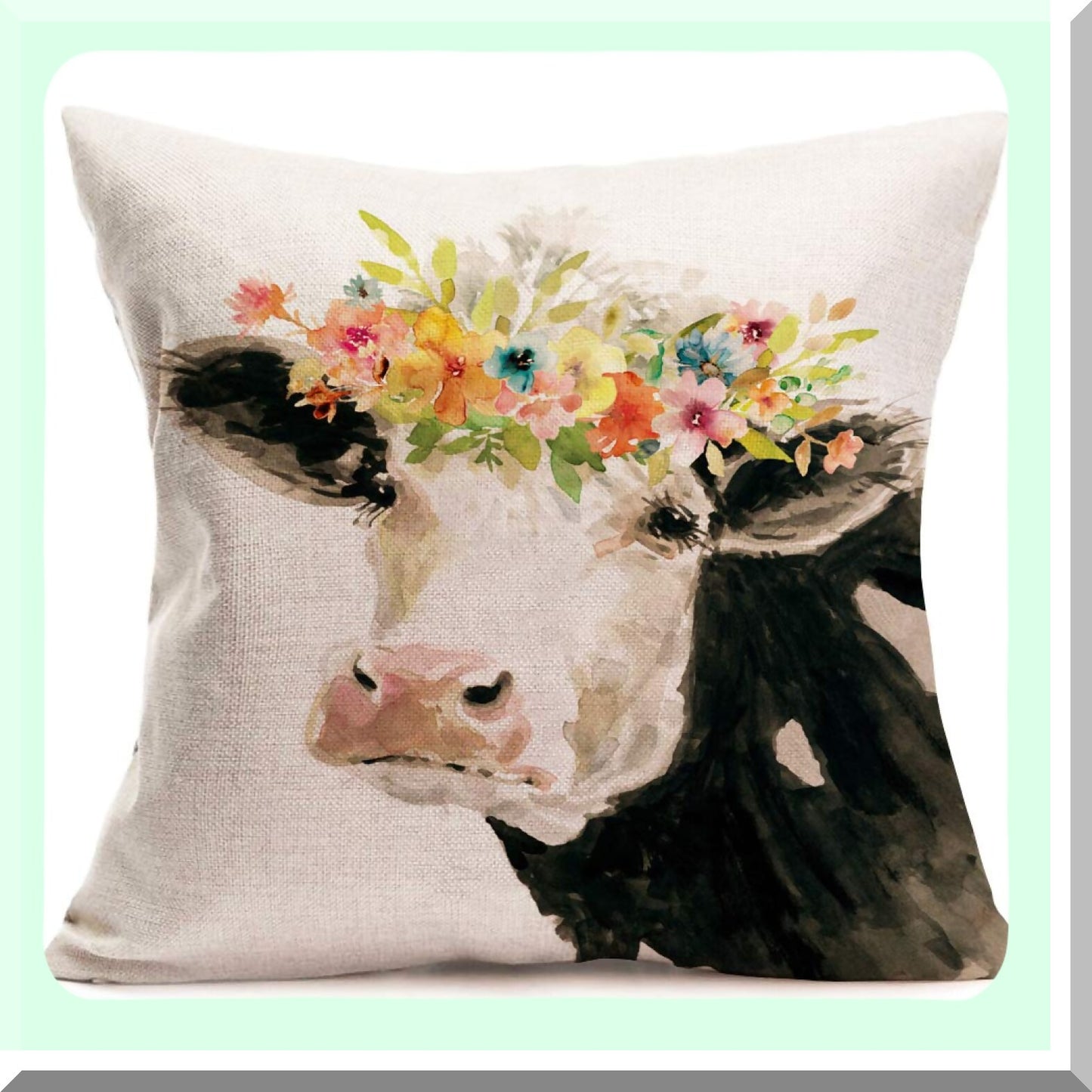 Farmhouse Watercolor Cow Pillowcase - Adorable Dairy Cow Decorative Cushion Cover with Flower Wreath Design - Rustic Farm Animal Chair Decor - 18x18 Inch Square Pillow Case