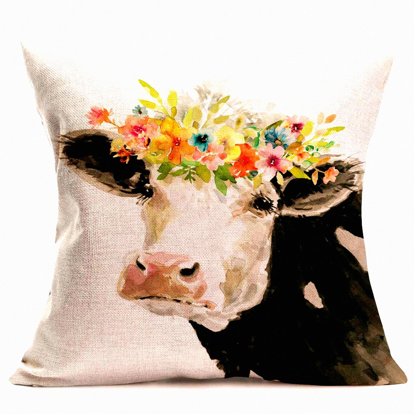 Farmhouse Watercolor Cow Pillowcase - Adorable Dairy Cow Decorative Cushion Cover with Flower Wreath Design - Rustic Farm Animal Chair Decor - 18x18 Inch Square Pillow Case