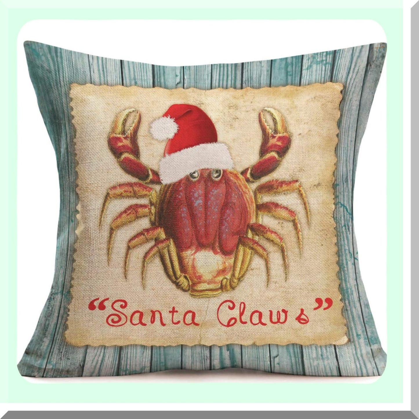 Ocean Claus Coastal Crab Pillowcase - Xmas Marine Life Decorative Throw Pillow Cover, Vintage Wood Design, Cotton Linen Cushion for Home Sofa 18x18