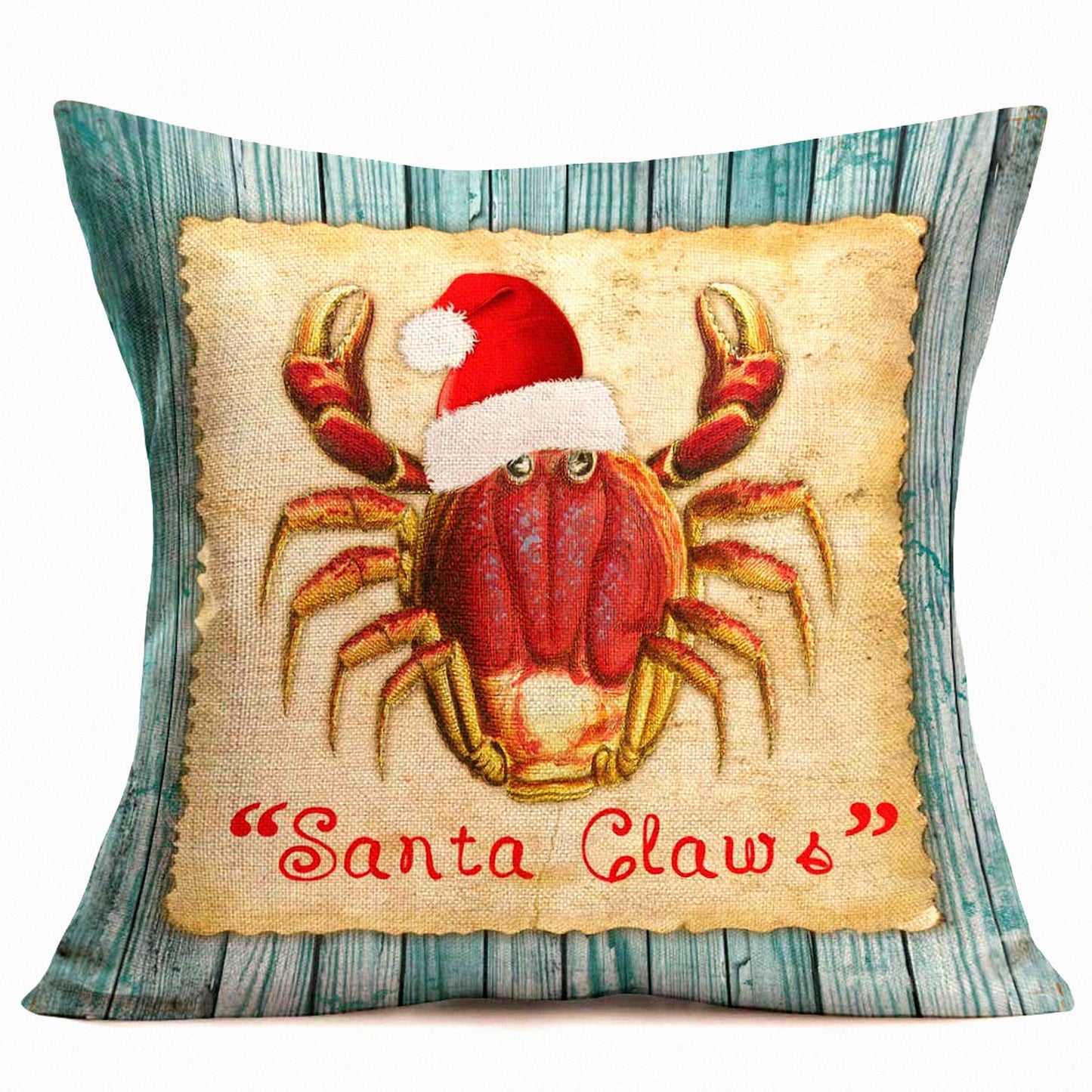 Ocean Claus Coastal Crab Pillowcase - Xmas Marine Life Decorative Throw Pillow Cover, Vintage Wood Design, Cotton Linen Cushion for Home Sofa 18x18