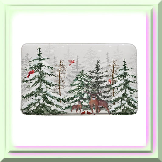 Winter Forest Deer Pine Tree Red Bird Bath Mat 17.7x29.5 Inch