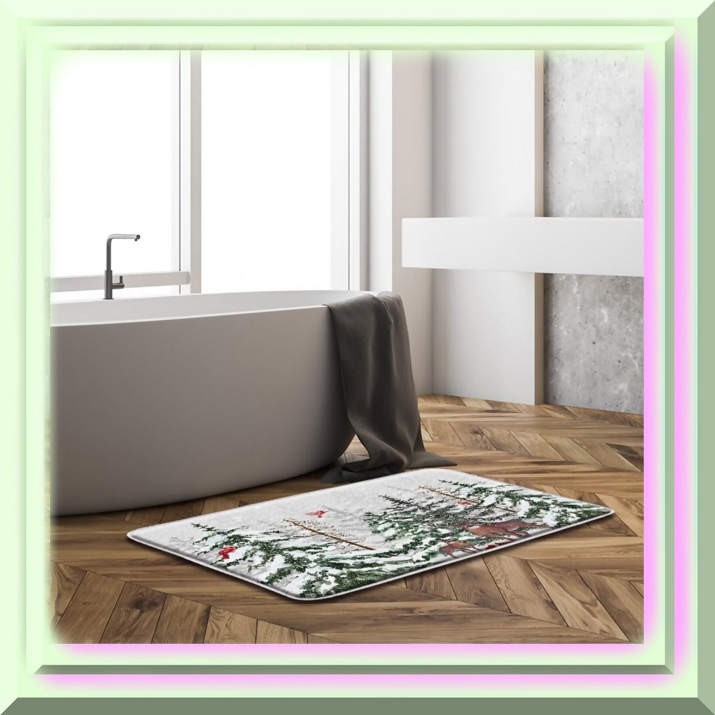 Winter Forest Deer Pine Tree Red Bird Bath Mat 17.7x29.5 Inch