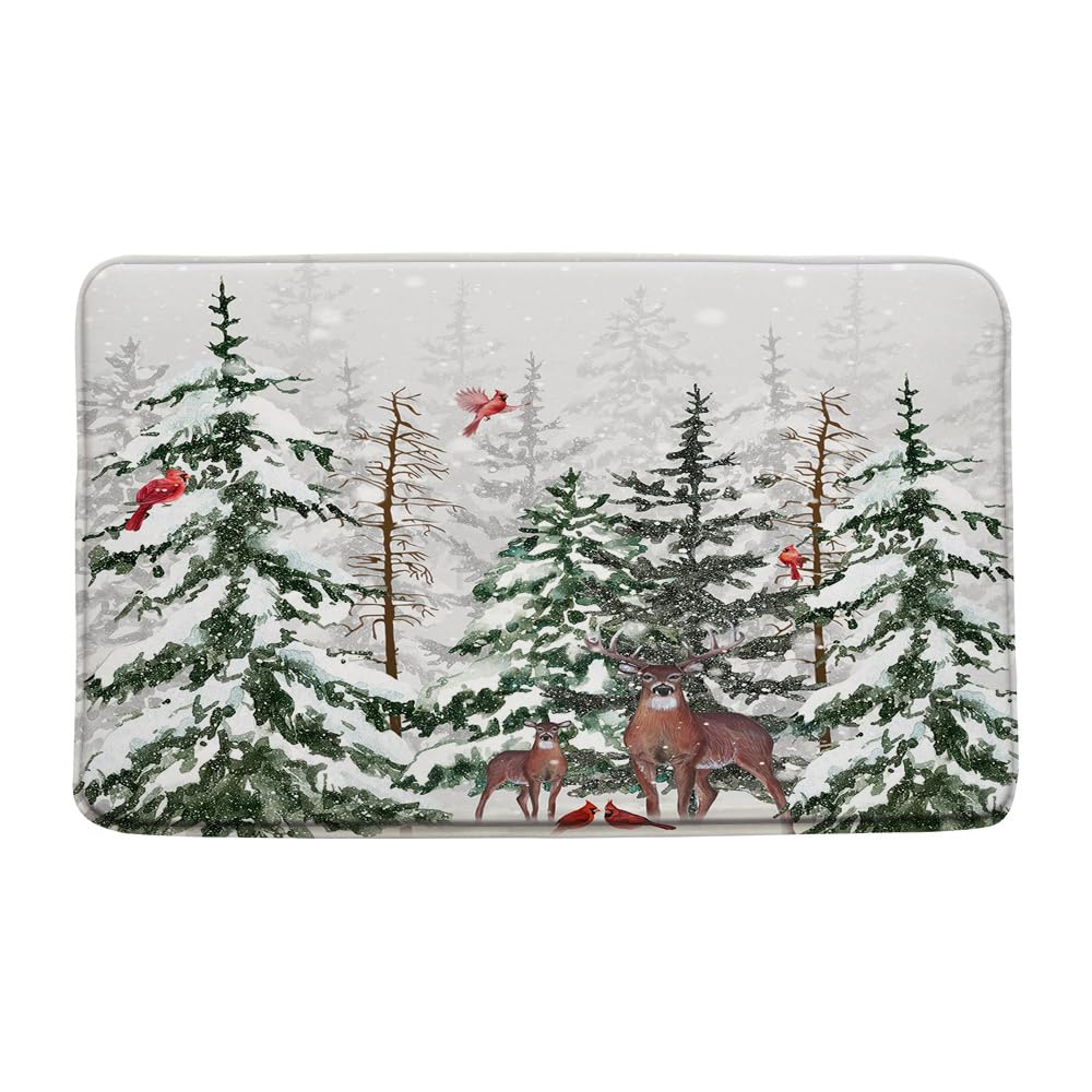 Winter Forest Deer Pine Tree Red Bird Bath Mat 17.7x29.5 Inch