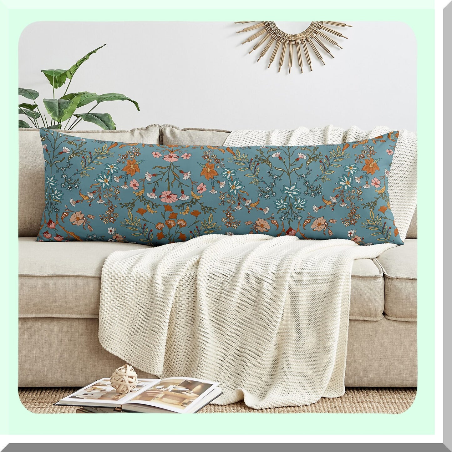 Wildflower Dream Botanical Body Pillow Cover - Boho Bohemian Farmhouse Teal Blue Orange Floral Accent Decor - Vintage Home Room Decor - 54x20 Zipper Case