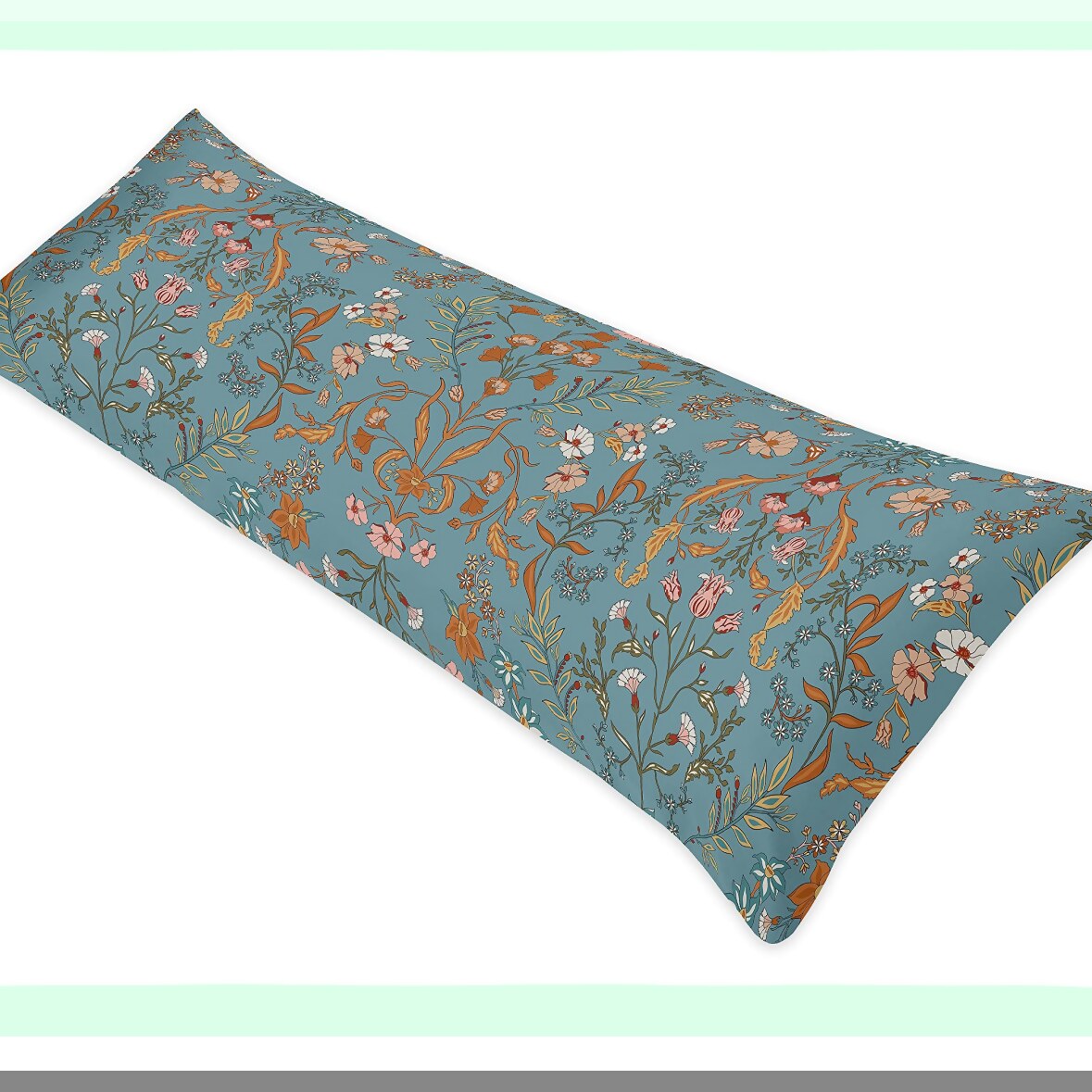 Wildflower Dream Botanical Body Pillow Cover - Boho Bohemian Farmhouse Teal Blue Orange Floral Accent Decor - Vintage Home Room Decor - 54x20 Zipper Case
