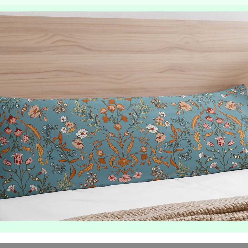 Wildflower Dream Botanical Body Pillow Cover - Boho Bohemian Farmhouse Teal Blue Orange Floral Accent Decor - Vintage Home Room Decor - 54x20 Zipper Case