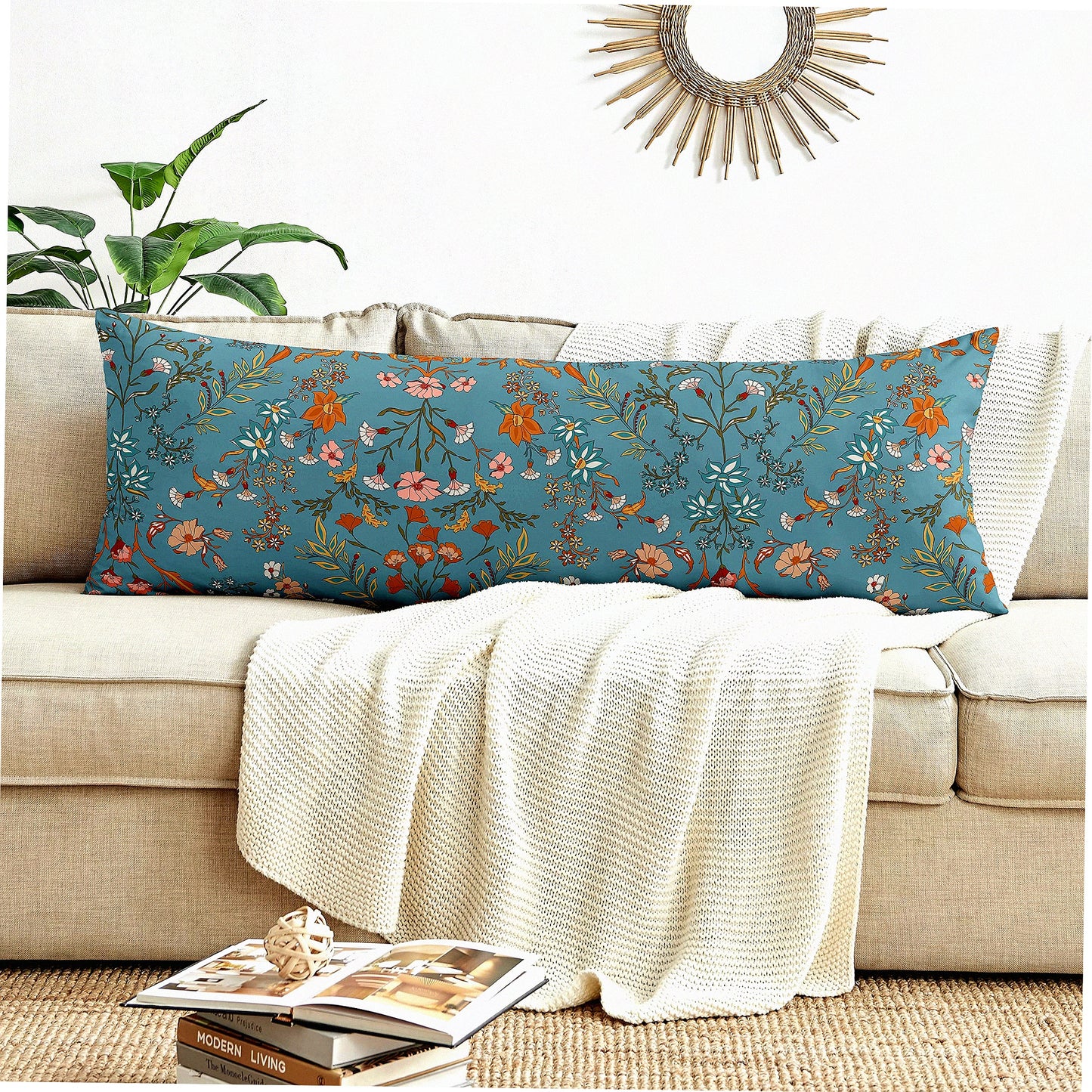 Wildflower Dream Botanical Body Pillow Cover - Boho Bohemian Farmhouse Teal Blue Orange Floral Accent Decor - Vintage Home Room Decor - 54x20 Zipper Case