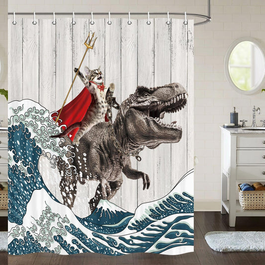 Kids Nautical Shower Curtain with Dinosaur and Cat Design