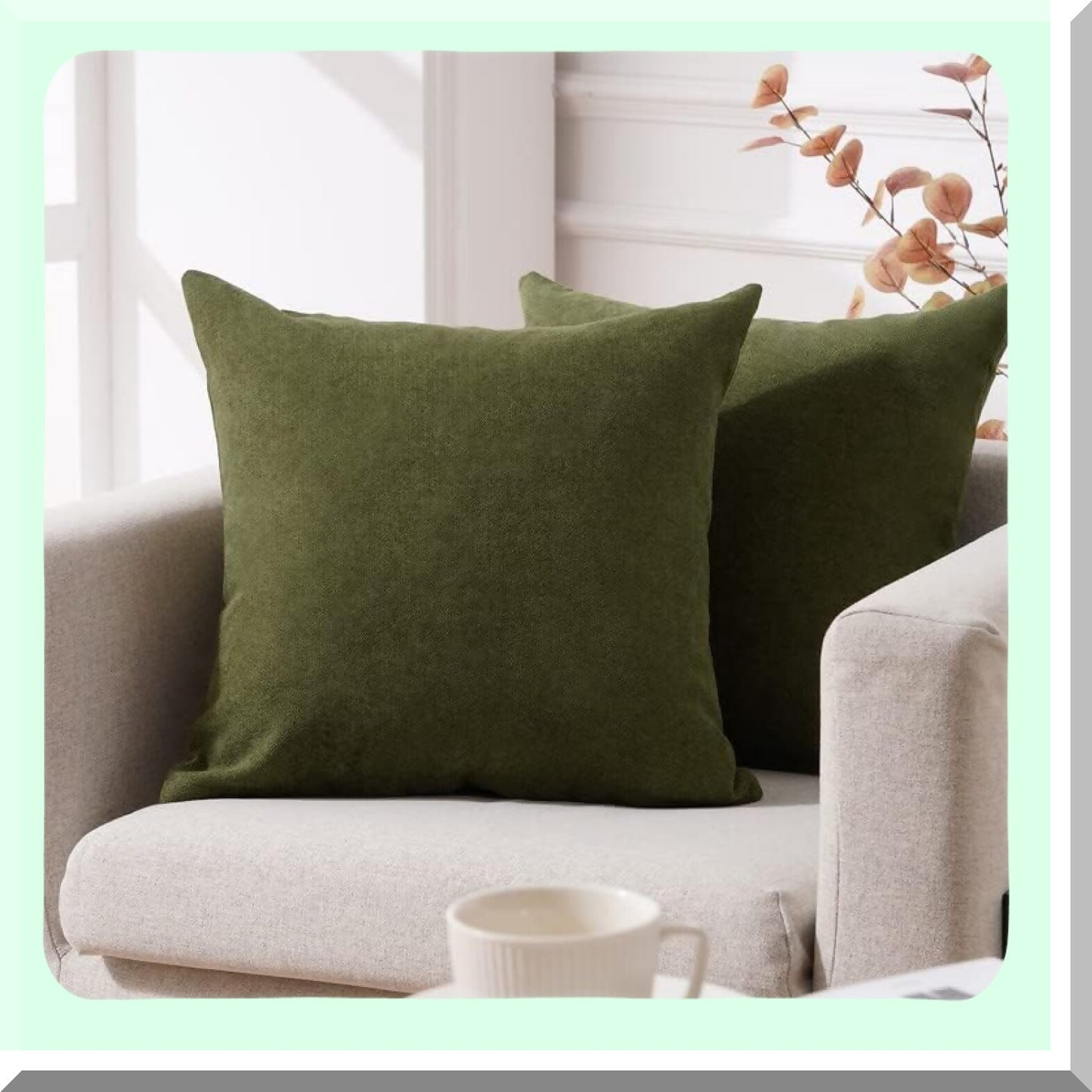 Chenille Green Square Pillow Covers - Soft Cushion Cases for Couch & Bedroom - Set of 2 Decorative Throw Pillows - 18x18 Inch - Olive Green Living Room Accent