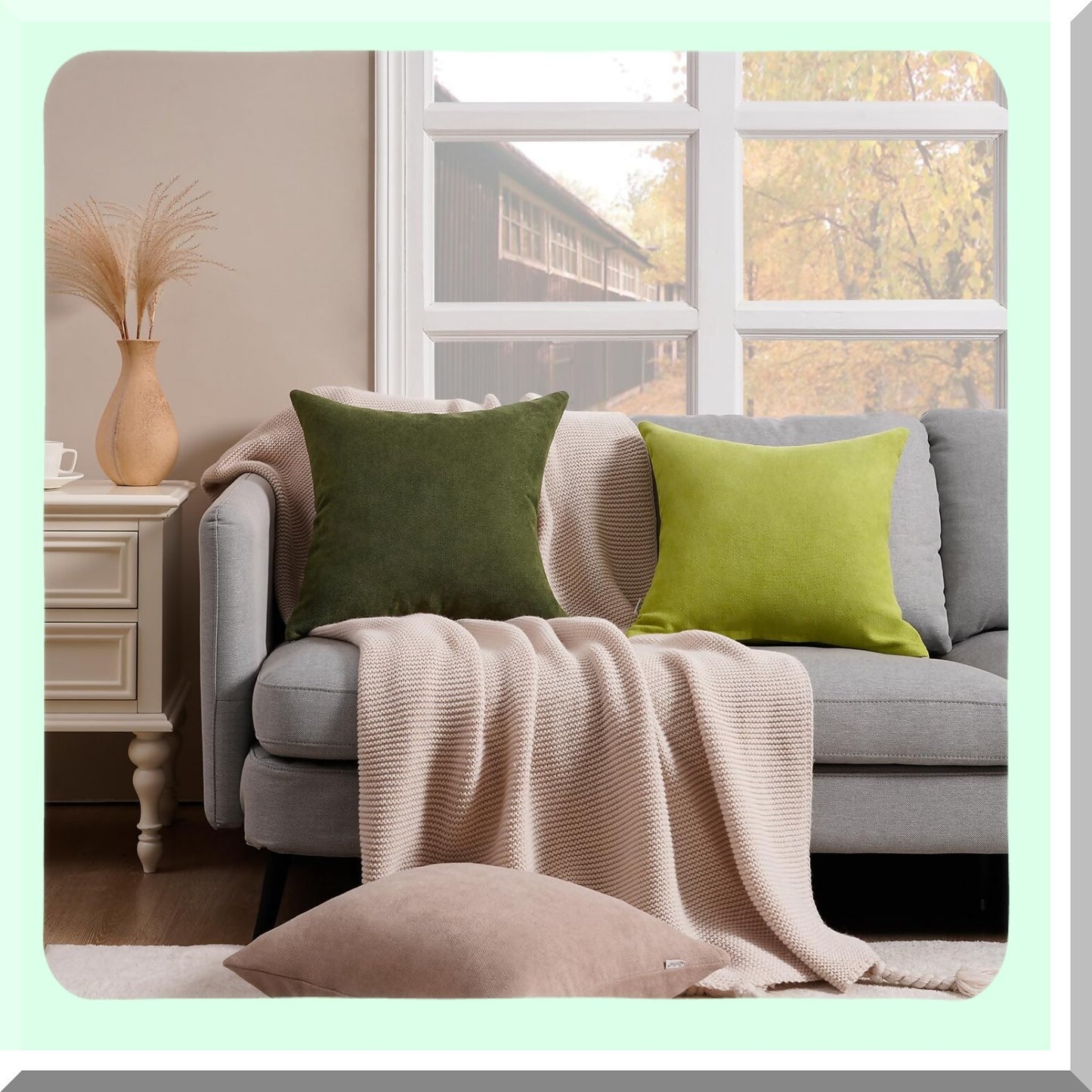 Chenille Green Square Pillow Covers - Soft Cushion Cases for Couch & Bedroom - Set of 2 Decorative Throw Pillows - 18x18 Inch - Olive Green Living Room Accent