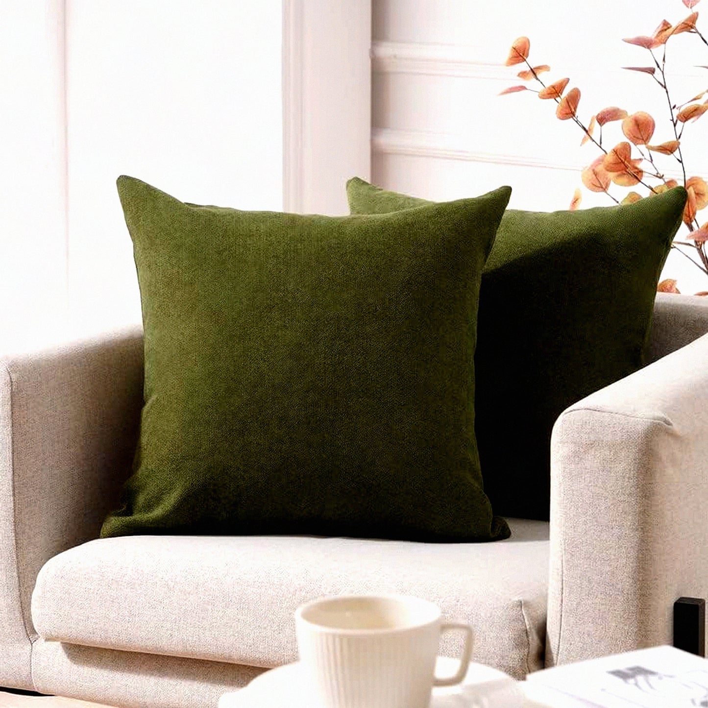 Chenille Green Square Pillow Covers - Soft Cushion Cases for Couch & Bedroom - Set of 2 Decorative Throw Pillows - 18x18 Inch - Olive Green Living Room Accent