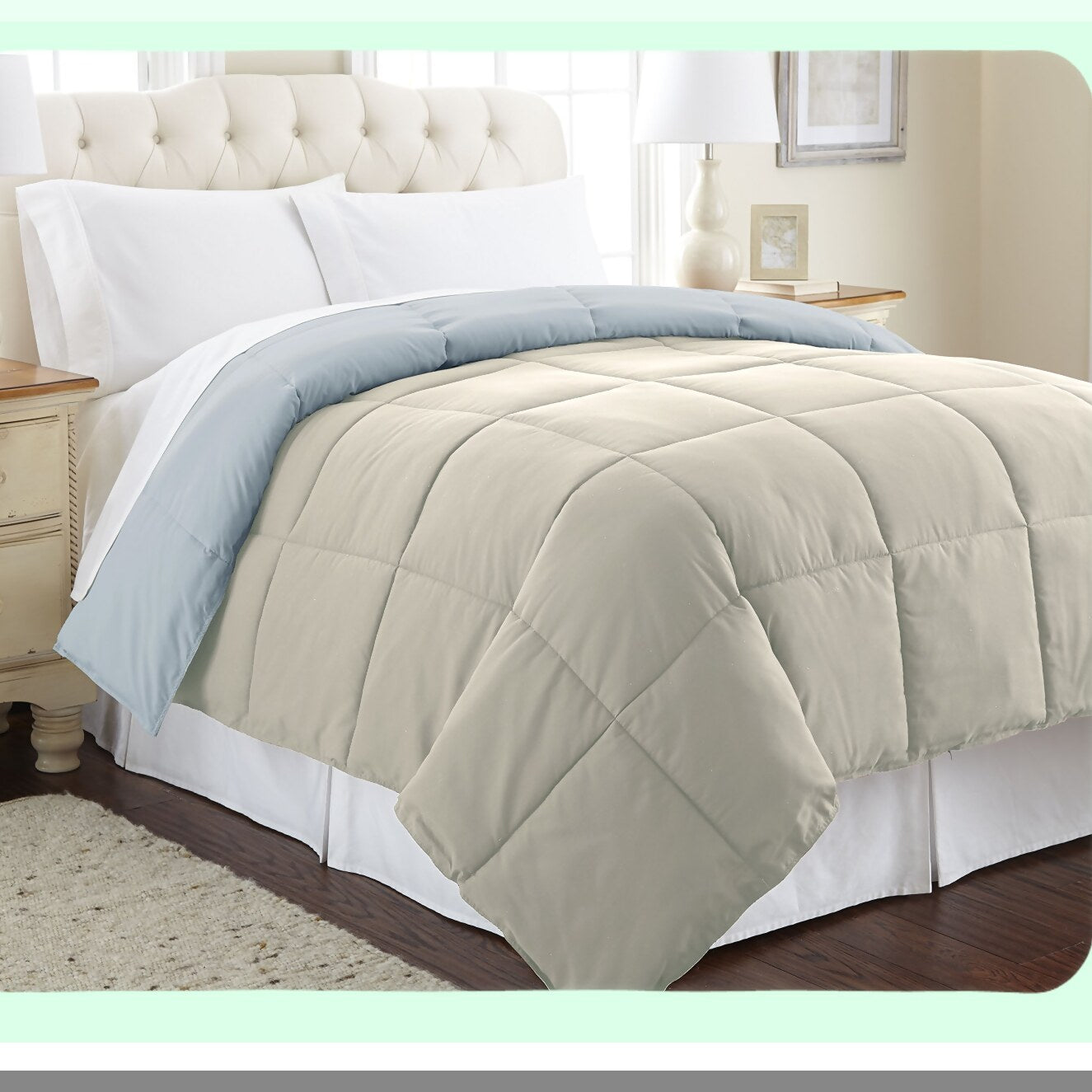 Microfiber Quilted Reversible Comforter - All Season Duvet Insert - Soft & Cozy Goose Down Alternative - Oatmeal/Dusty Blue Twin Bedding