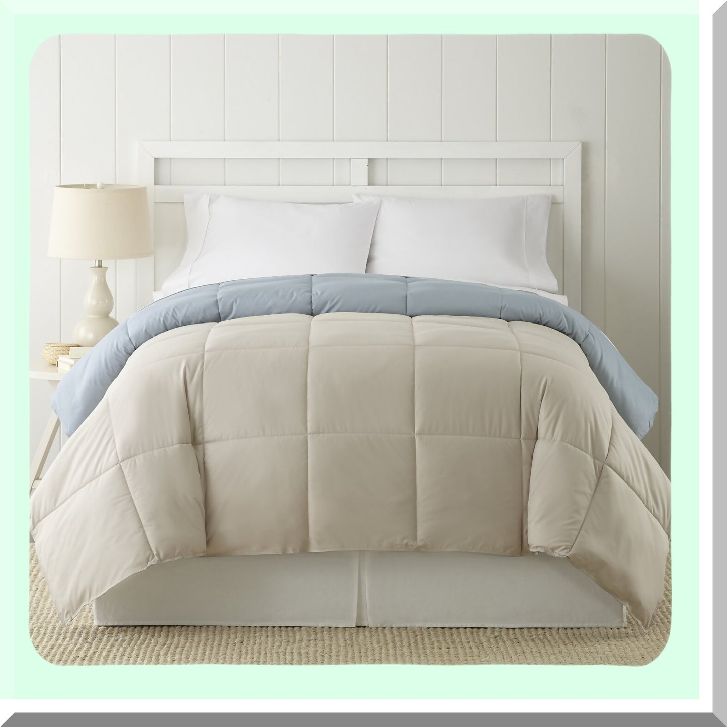 Microfiber Quilted Reversible Comforter - All Season Duvet Insert - Soft & Cozy Goose Down Alternative - Oatmeal/Dusty Blue Twin Bedding