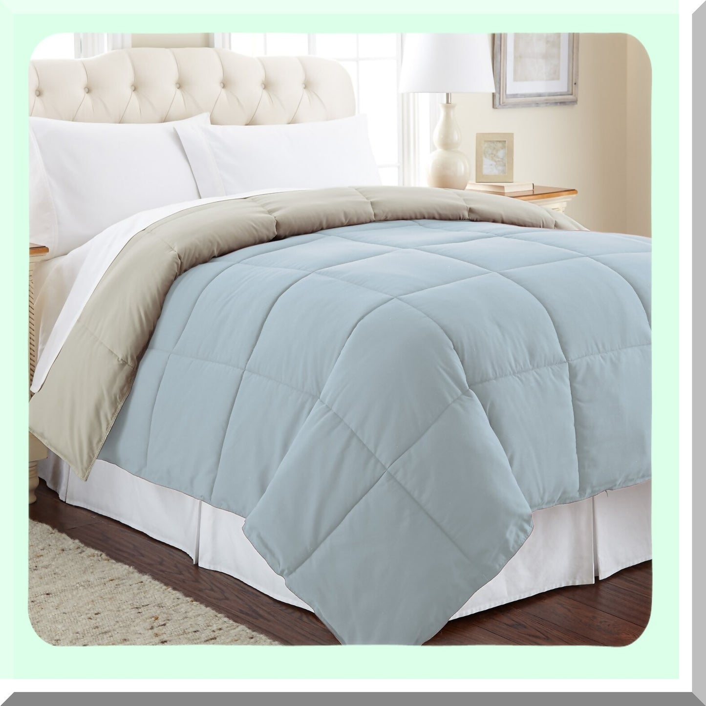 Microfiber Quilted Reversible Comforter - All Season Duvet Insert - Soft & Cozy Goose Down Alternative - Oatmeal/Dusty Blue Twin Bedding