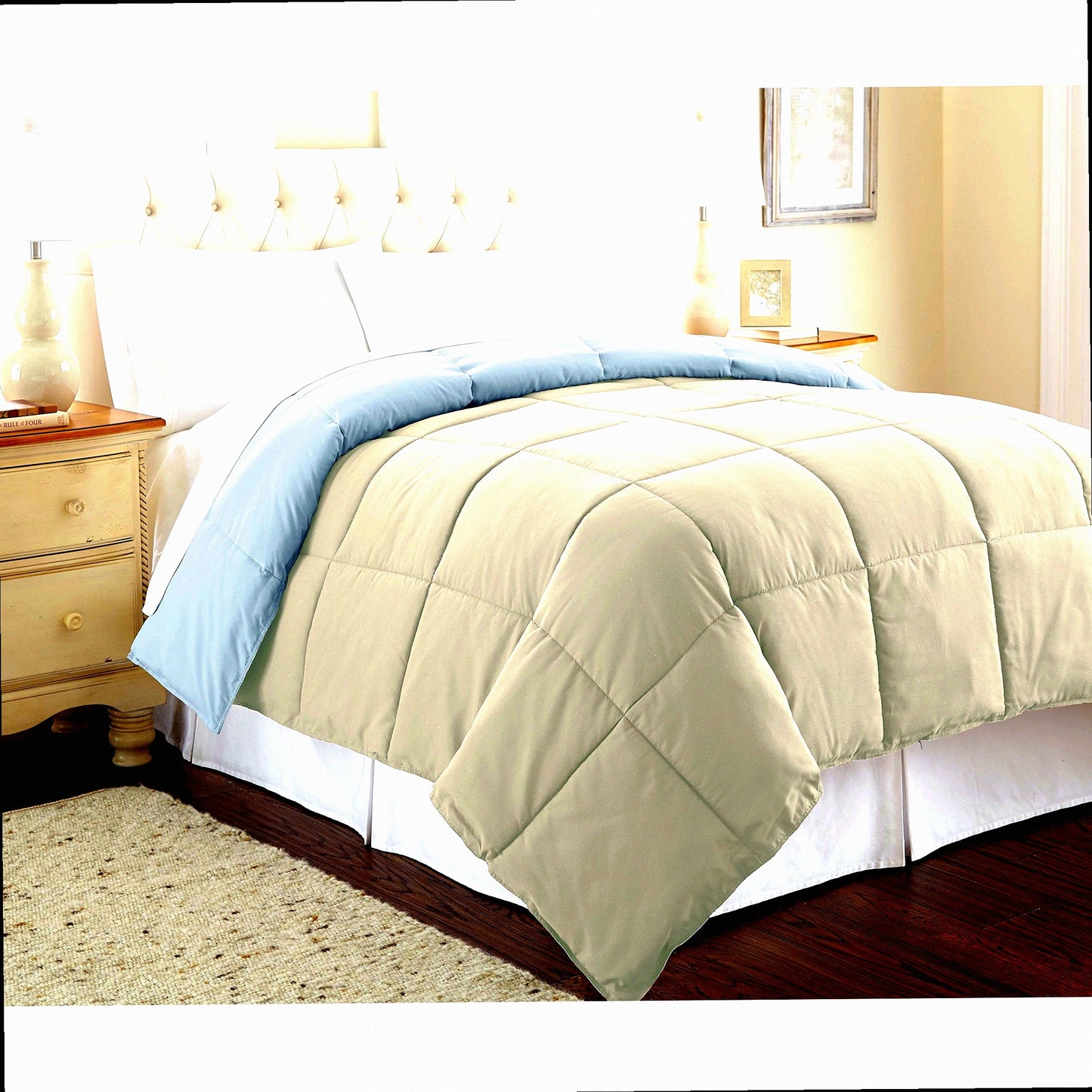 Microfiber Quilted Reversible Comforter - All Season Duvet Insert - Soft & Cozy Goose Down Alternative - Oatmeal/Dusty Blue Twin Bedding