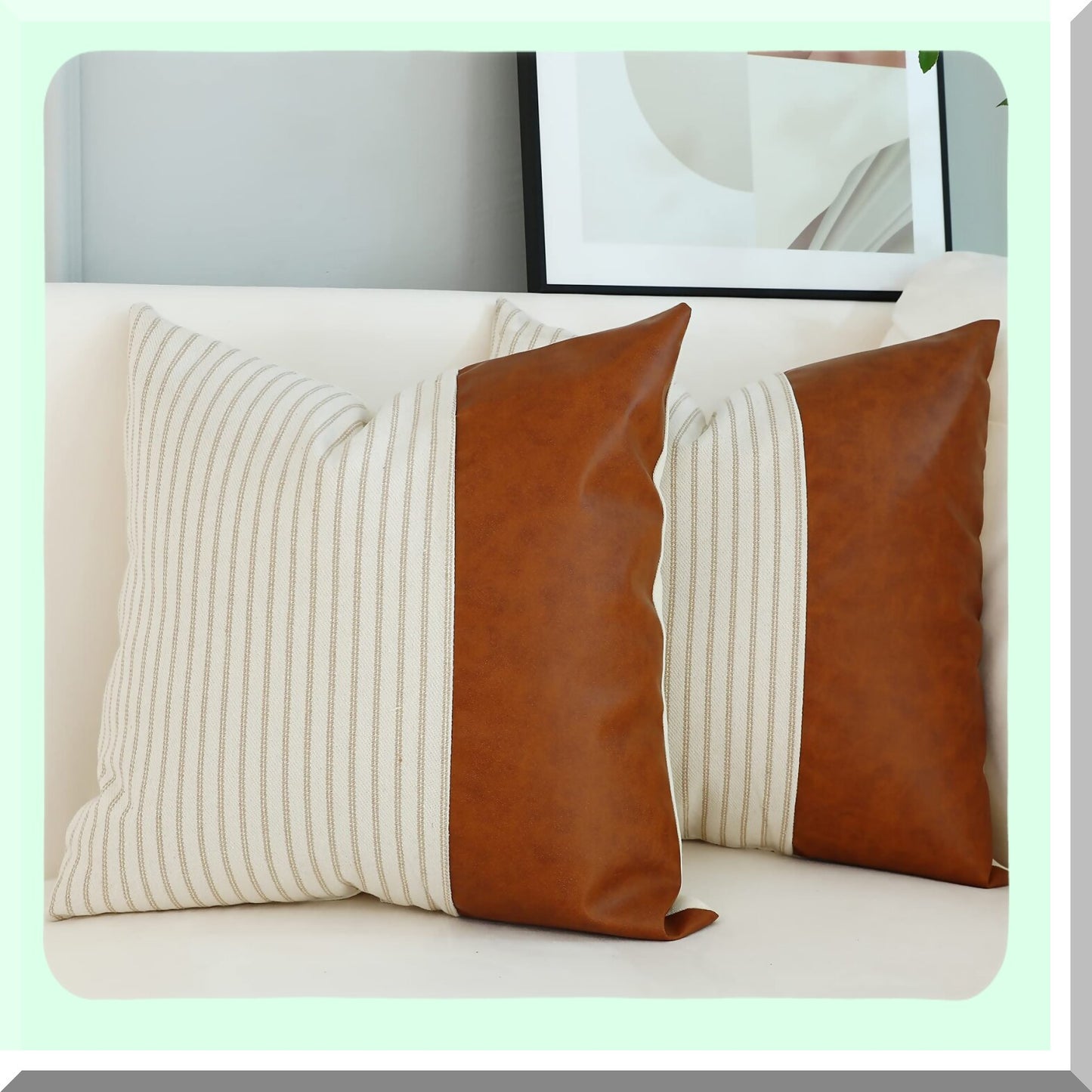 Khaki Stripes Farmhouse Pillow Covers - Set of 2, 24x24 Square Textured Cotton Leather Stitching Throw Pillow Covers for Sofa Couch Chair Bedroom Decor