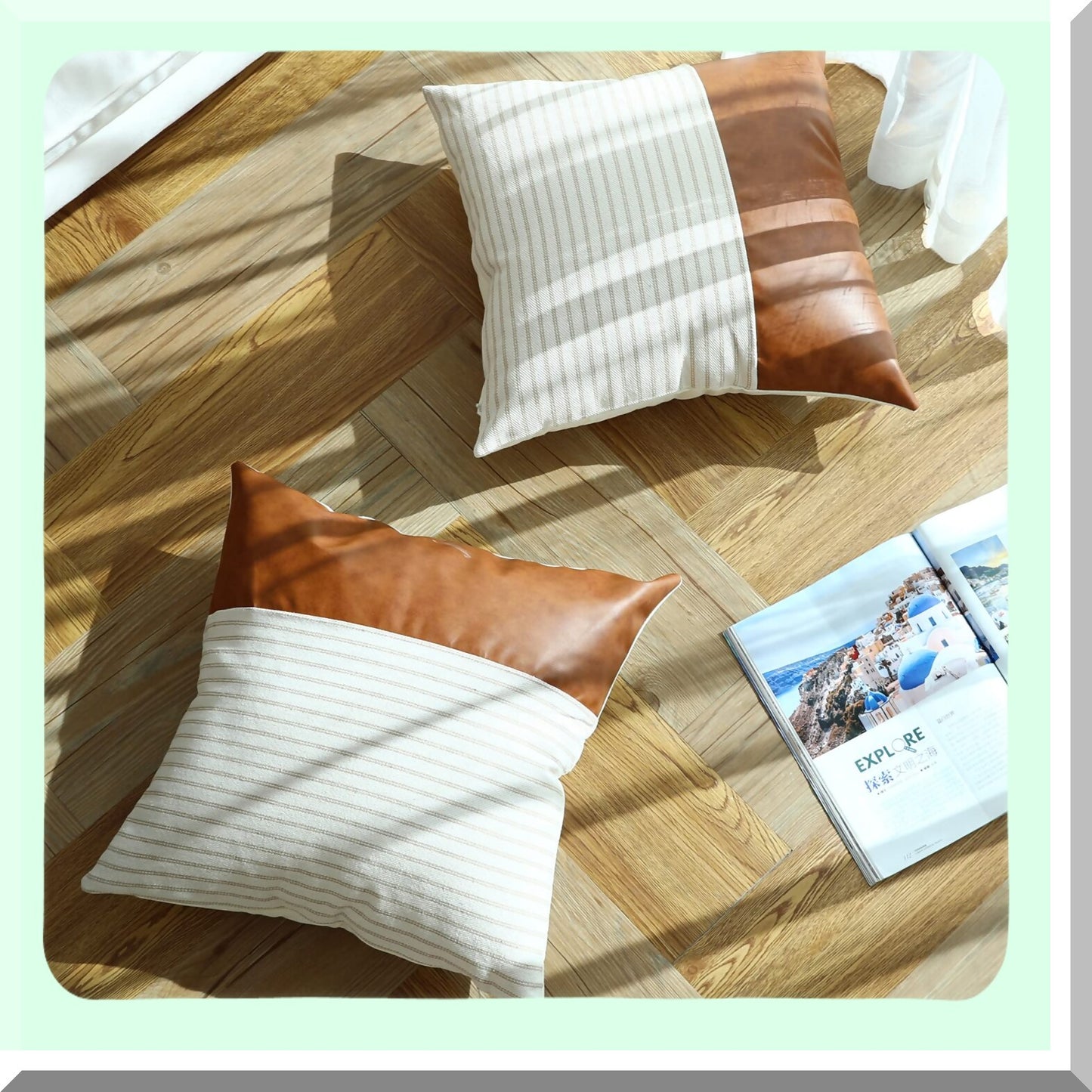 Khaki Stripes Farmhouse Pillow Covers - Set of 2, 24x24 Square Textured Cotton Leather Stitching Throw Pillow Covers for Sofa Couch Chair Bedroom Decor