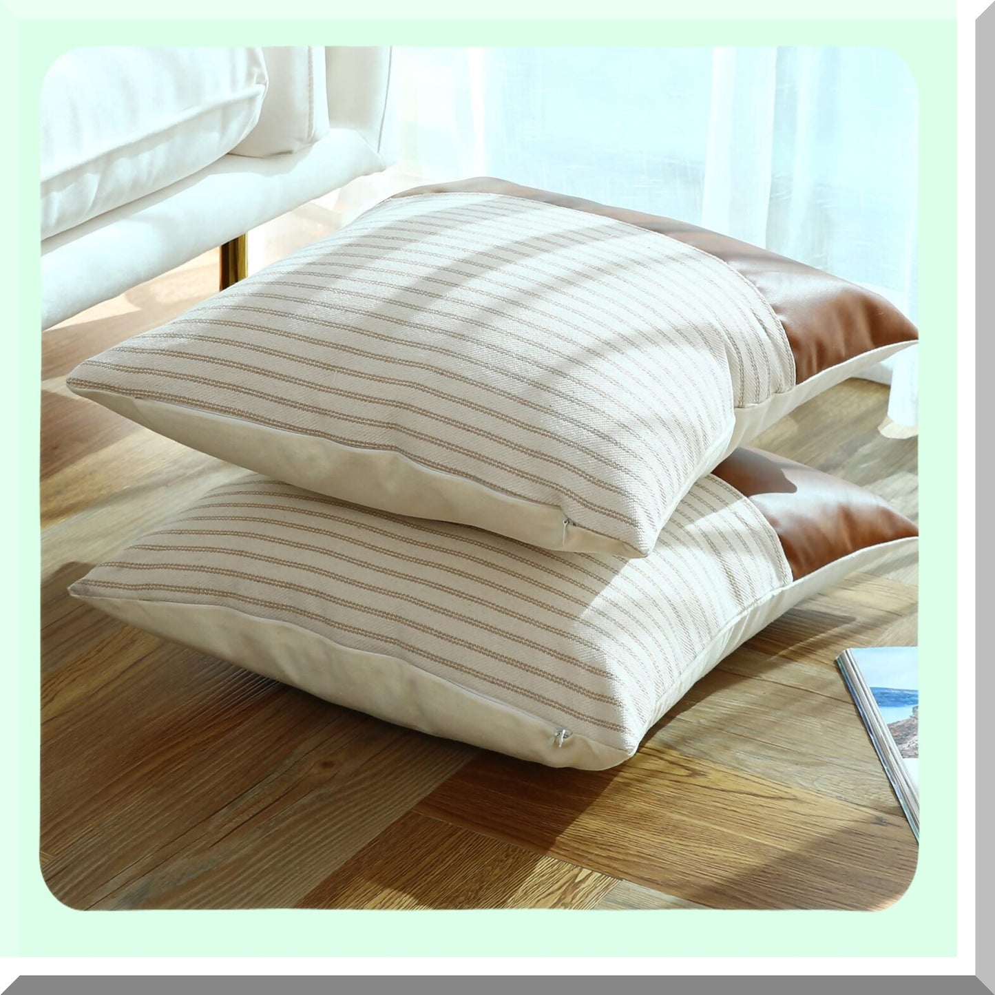 Khaki Stripes Farmhouse Pillow Covers - Set of 2, 24x24 Square Textured Cotton Leather Stitching Throw Pillow Covers for Sofa Couch Chair Bedroom Decor