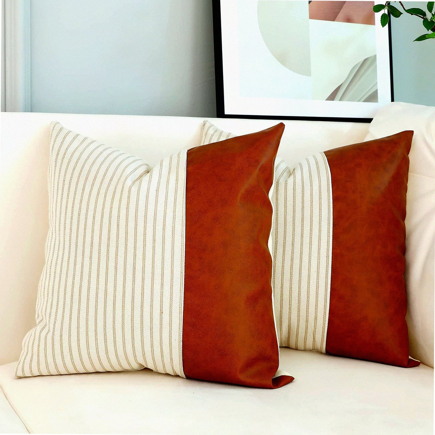 Khaki Stripes Farmhouse Pillow Covers - Set of 2, 24x24 Square Textured Cotton Leather Stitching Throw Pillow Covers for Sofa Couch Chair Bedroom Decor