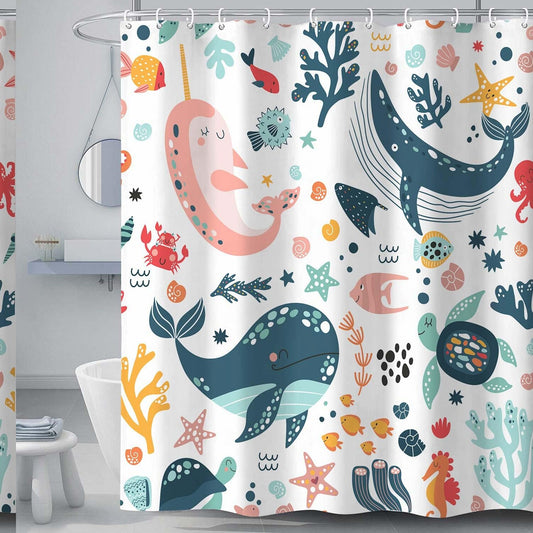 Kids Shower Curtain Whale Fish Ocean Creatures Waterproof Fabric