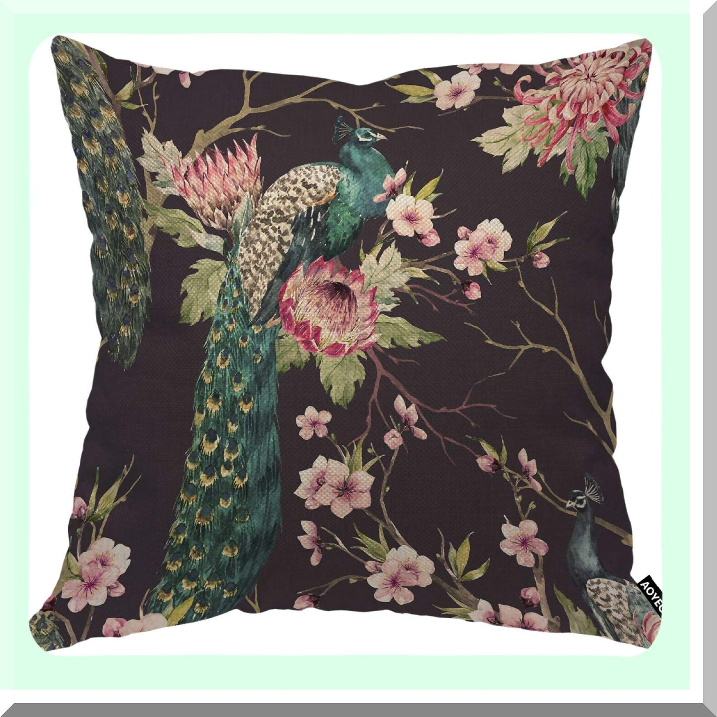 Cherry Blossom Peacock Wings Pillow Cover - Floral Botanical Decorative Cushion Case for Home Couch Bed - 18x18 Inch Cotton Linen Square