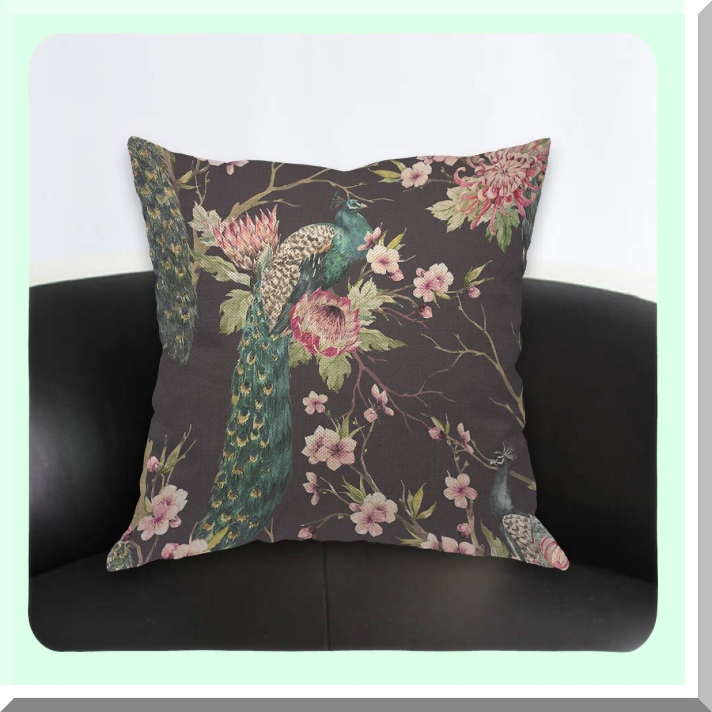 Cherry Blossom Peacock Wings Pillow Cover - Floral Botanical Decorative Cushion Case for Home Couch Bed - 18x18 Inch Cotton Linen Square