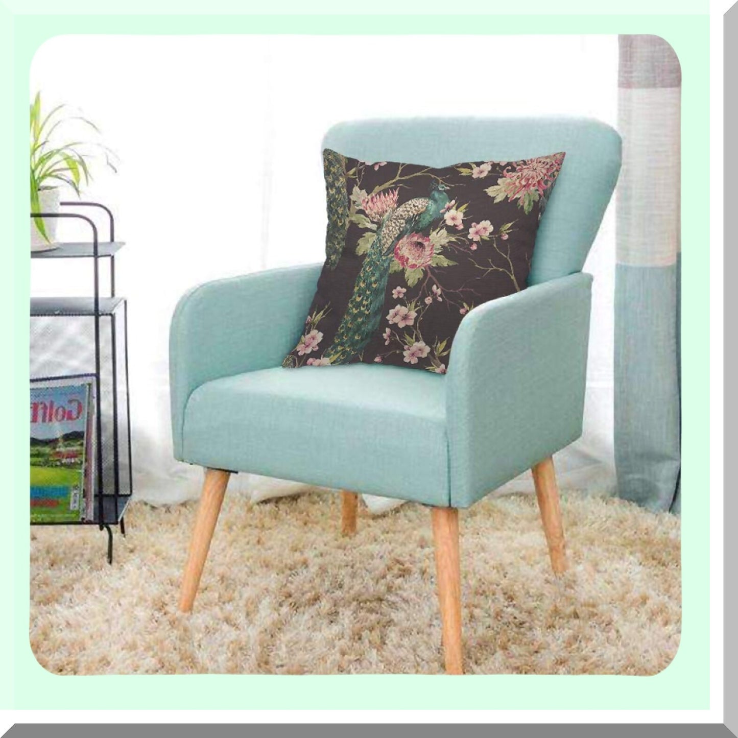 Cherry Blossom Peacock Wings Pillow Cover - Floral Botanical Decorative Cushion Case for Home Couch Bed - 18x18 Inch Cotton Linen Square